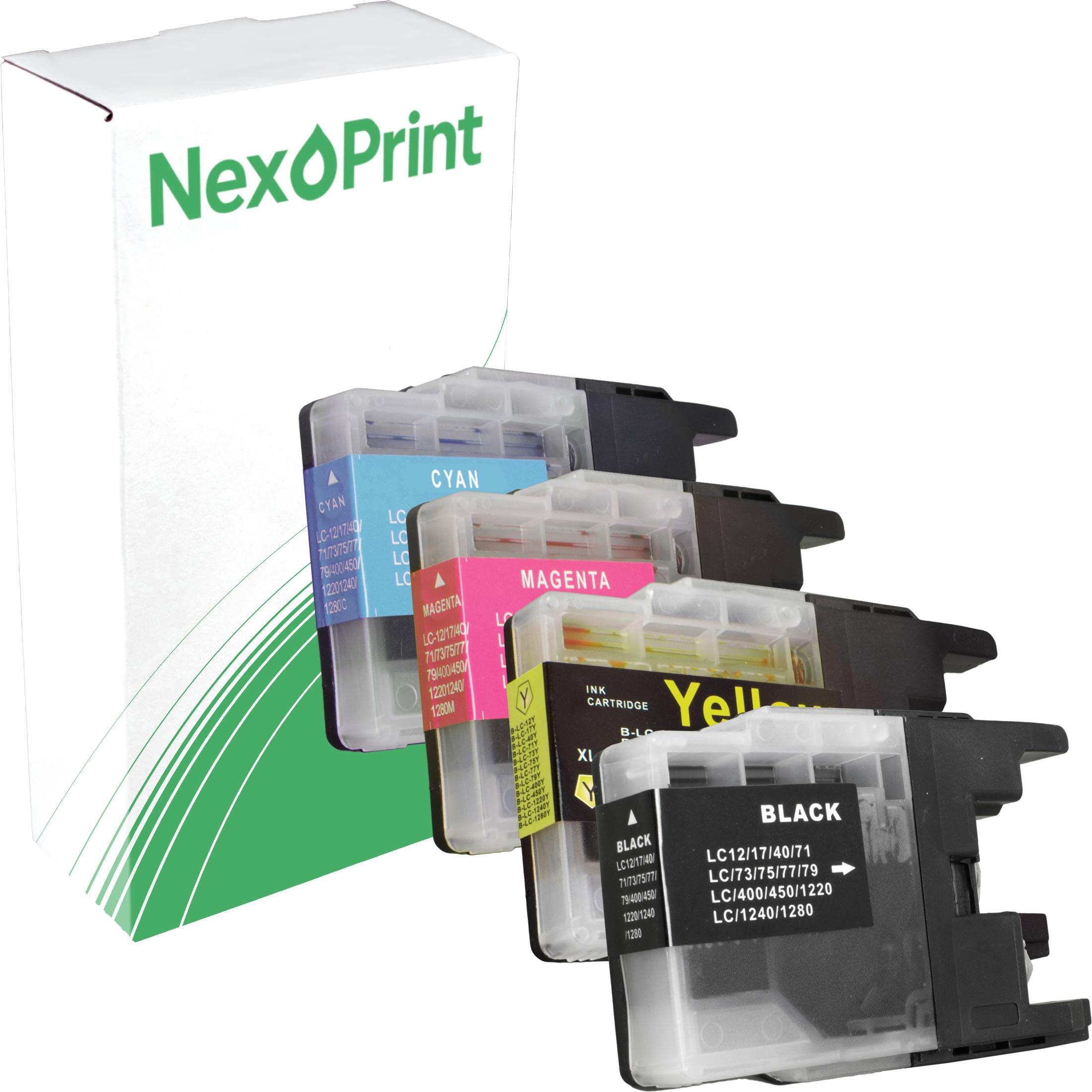 Cyan-, Magenta-, Gelb- und Schwarzpatronen mit einer NexPrint-Verpackungsbox im Hintergrund.