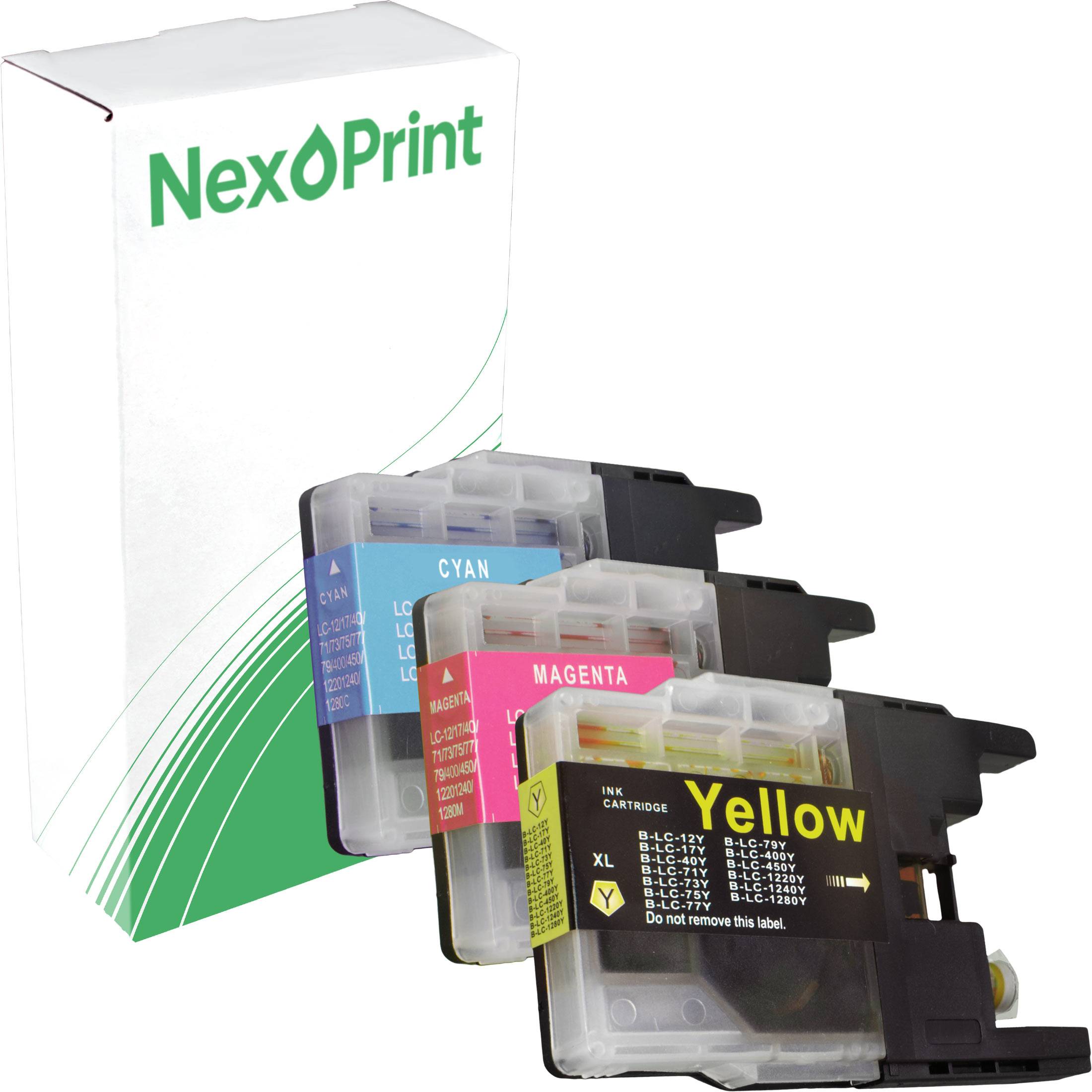 Satz von drei NexPrint-Tintenpatronen in Cyan, Magenta und Gelb, die vor der weiß-grünen NexPrint-Verpackungsschachtel platziert sind.
