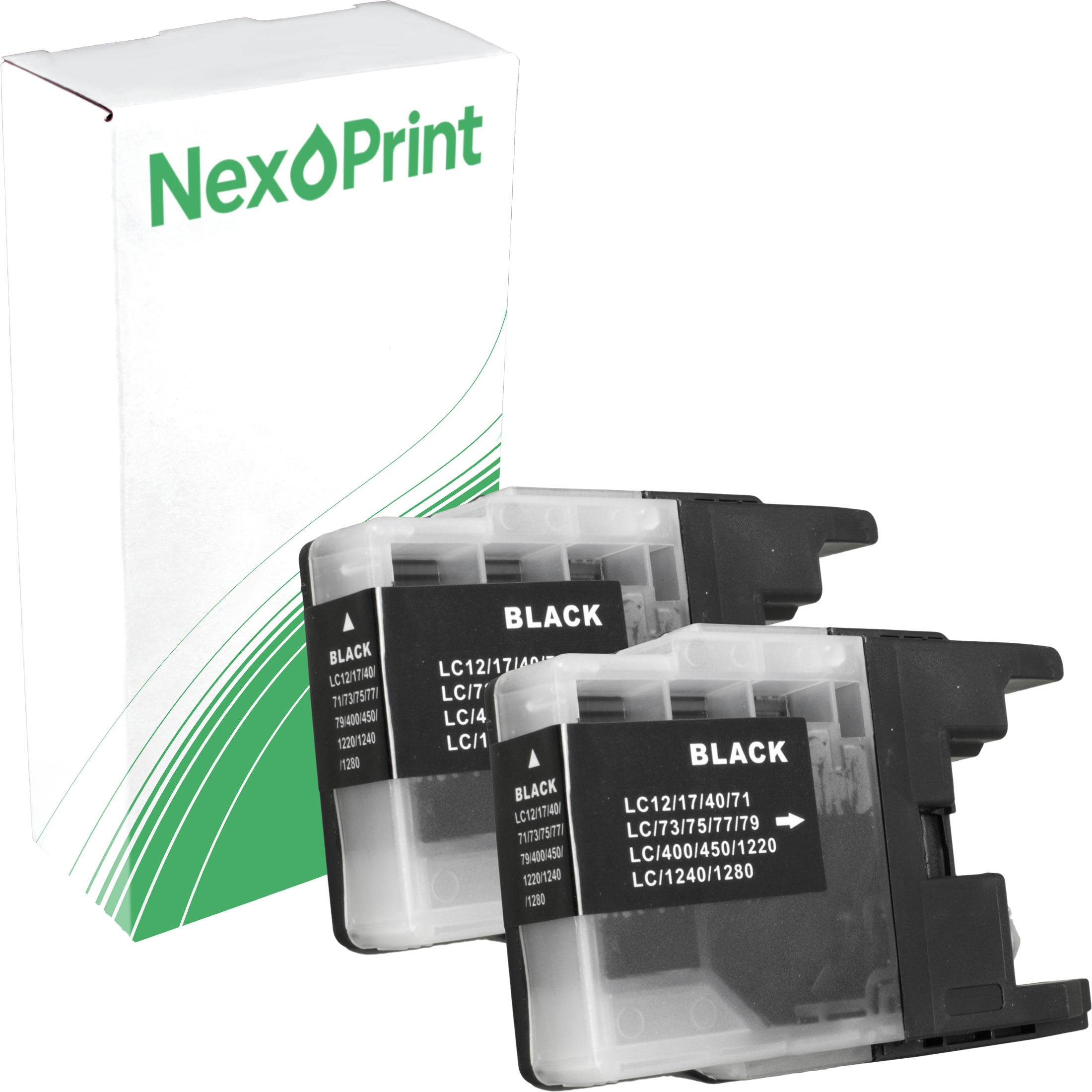 NexPrint' Markenverpackung mit zwei schwarzen Tintenpatronen, gekennzeichnet für verschiedene Druckermodelle.