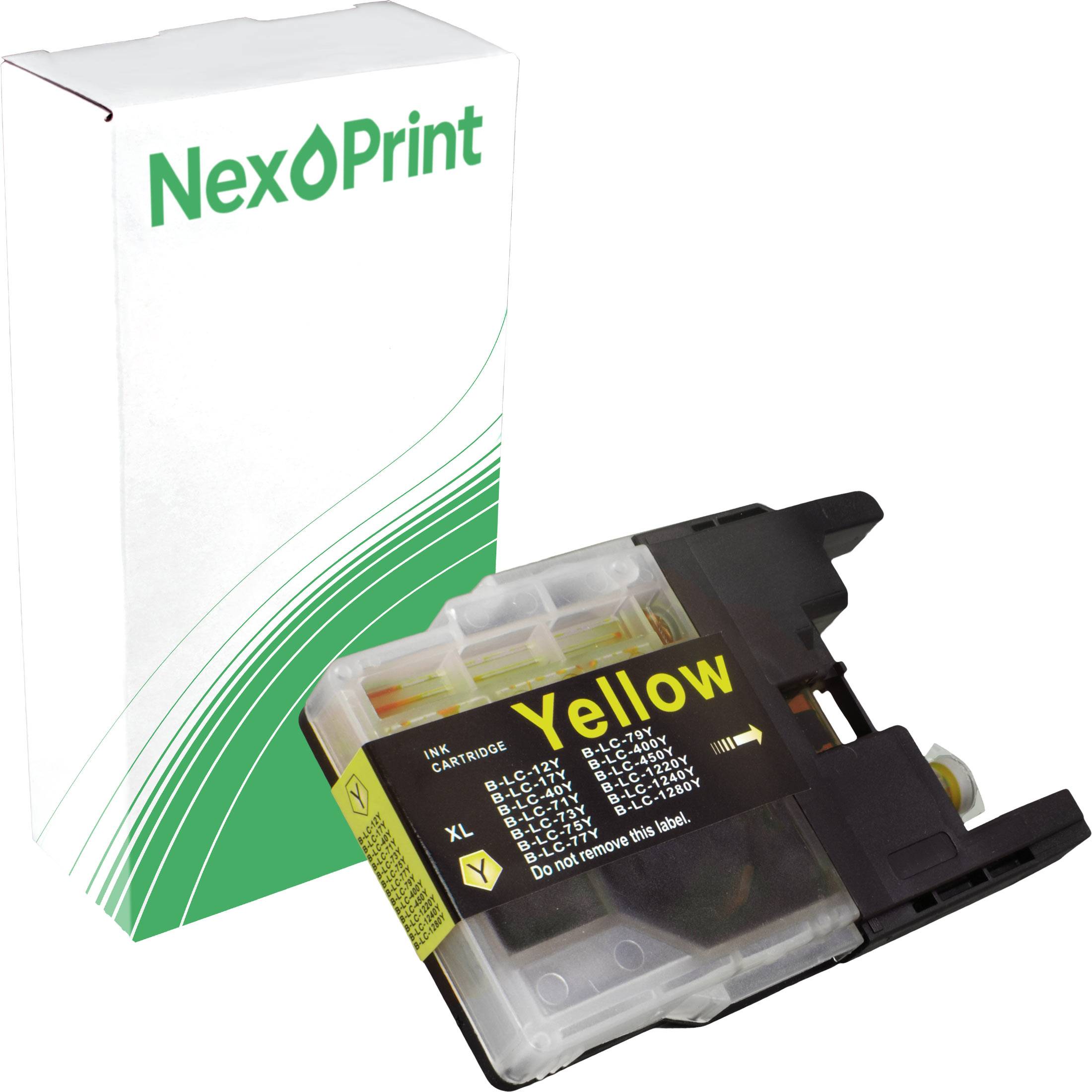 Gelbe Tintenpatrone, XL-Größe, kompatibel mit verschiedenen Brother-Druckermodellen, gezeigt mit NexPrint-Verpackung im Hintergrund.