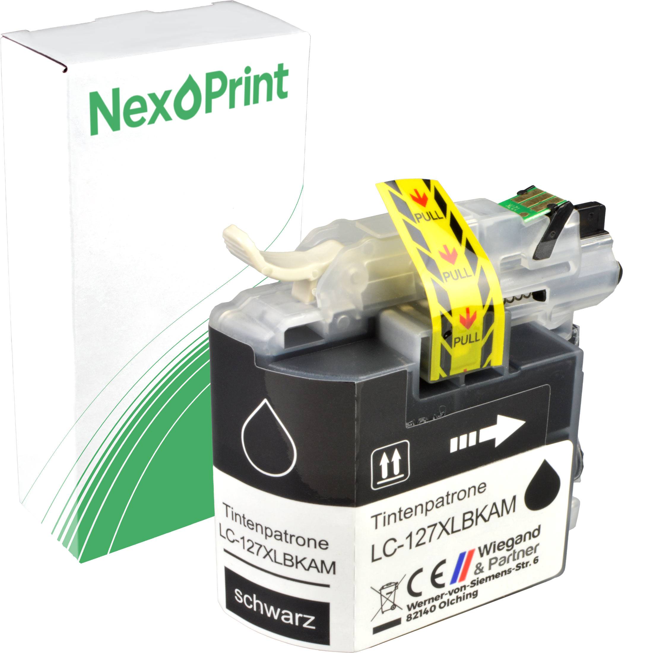 Tintenpatrone mit der Bezeichnung 'LC-127XLBKAM schwarz' vor einer NexPrint-Box. Gelbes Klebeband zeigt 'PULL' für die Installation.