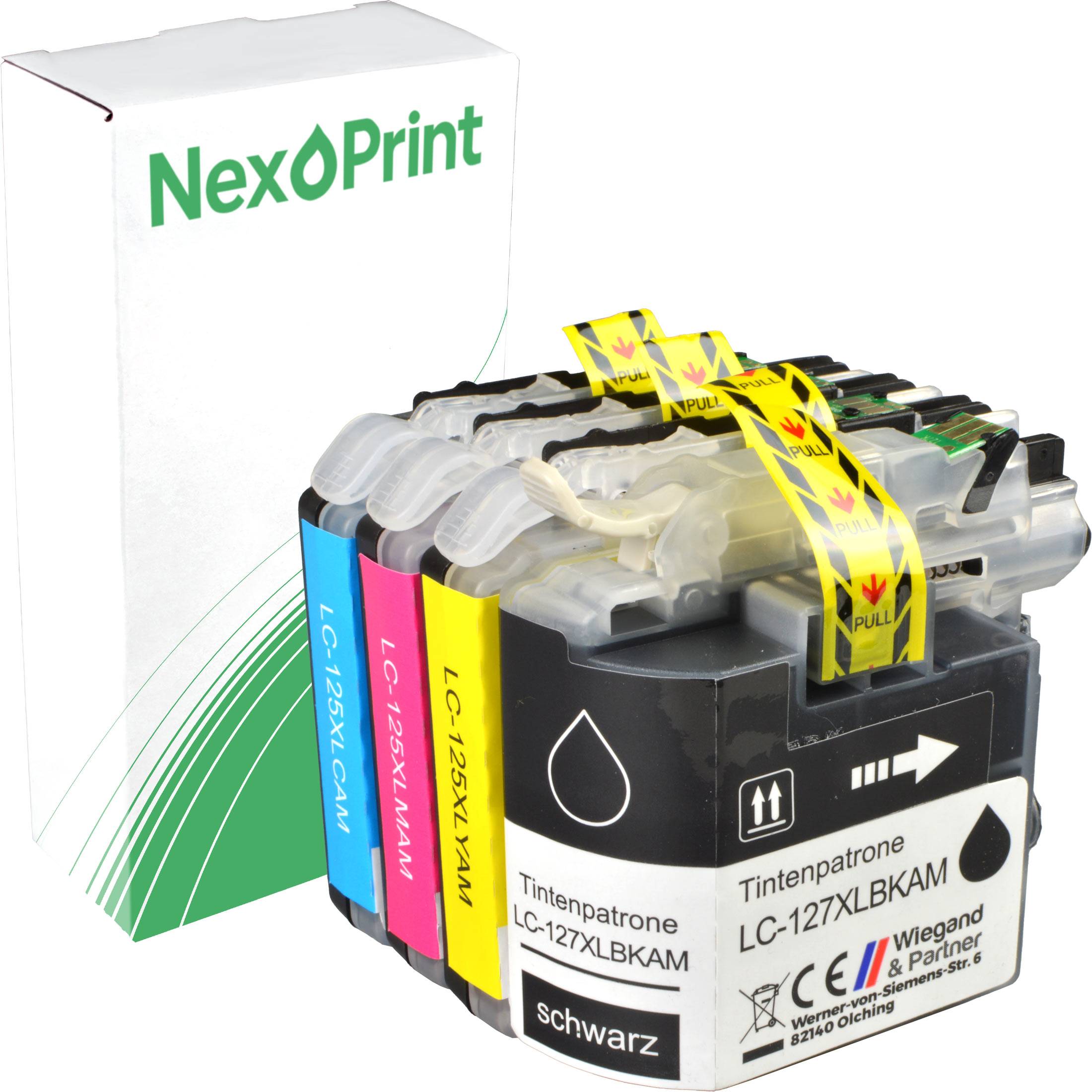 NexPrint' Tintenpatronen-Multipack für Drucker, bestehend aus vier Patronen in Schwarz, Cyan, Magenta und Gelb, zusammen mit der Produktverpackung.