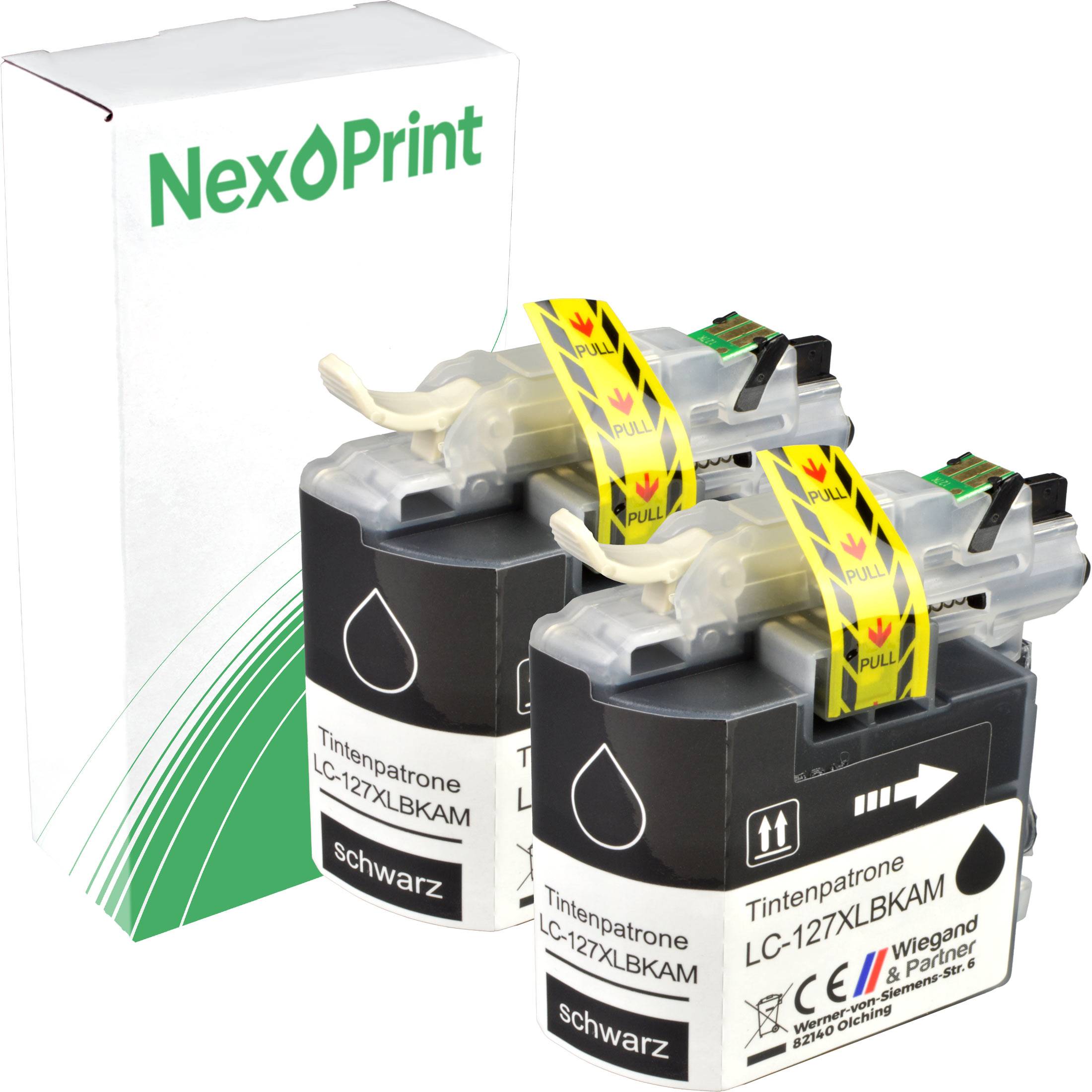 Zwei NexPrint schwarze Tintenpatronen LC-127XLBKAM mit Verpackung vor einem weißen Hintergrund.