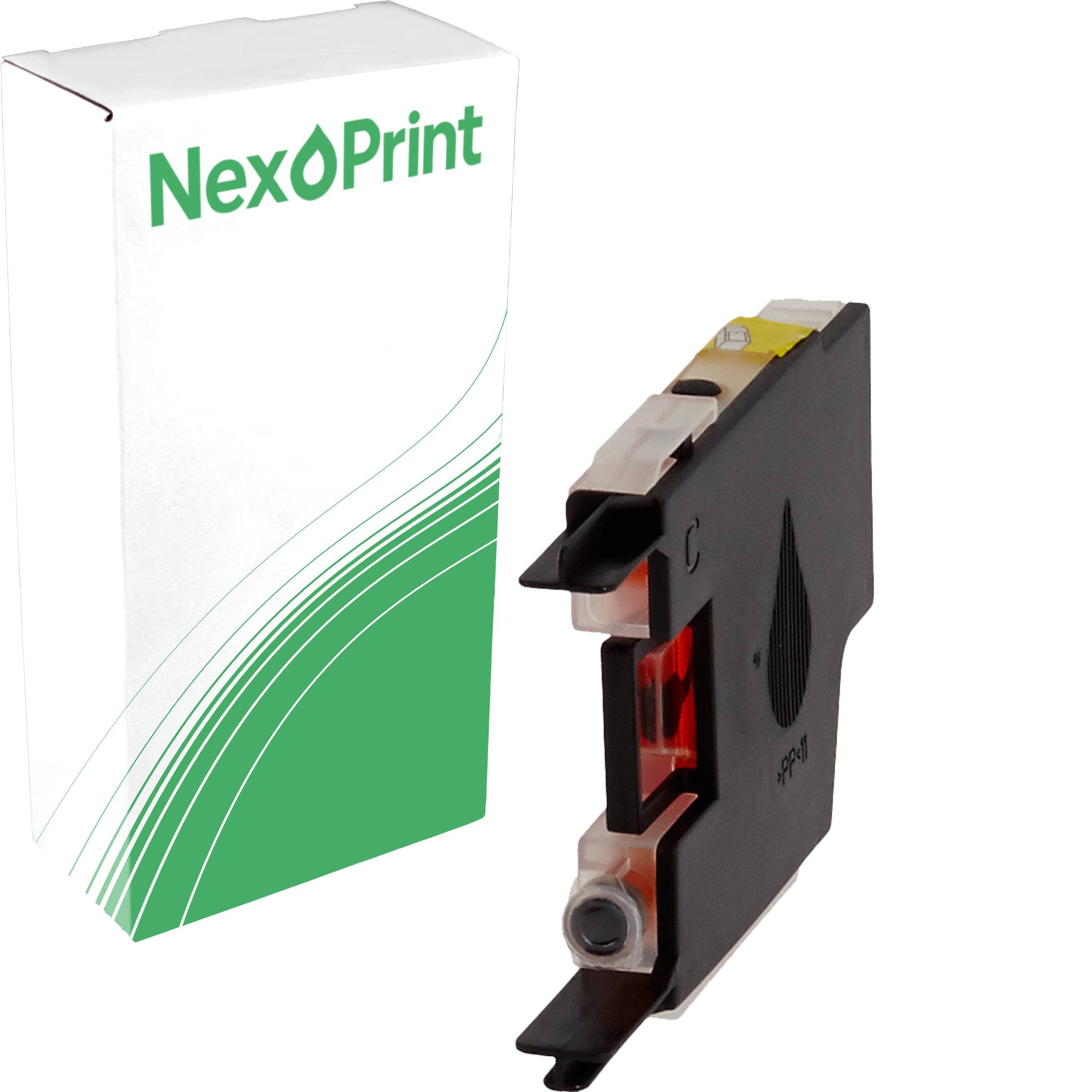 Eine schwarze Tintenpatrone mit sichtbarem Tintenfüllstandsanzeiger neben einer weiß-grünen Schachtel mit der Aufschrift 