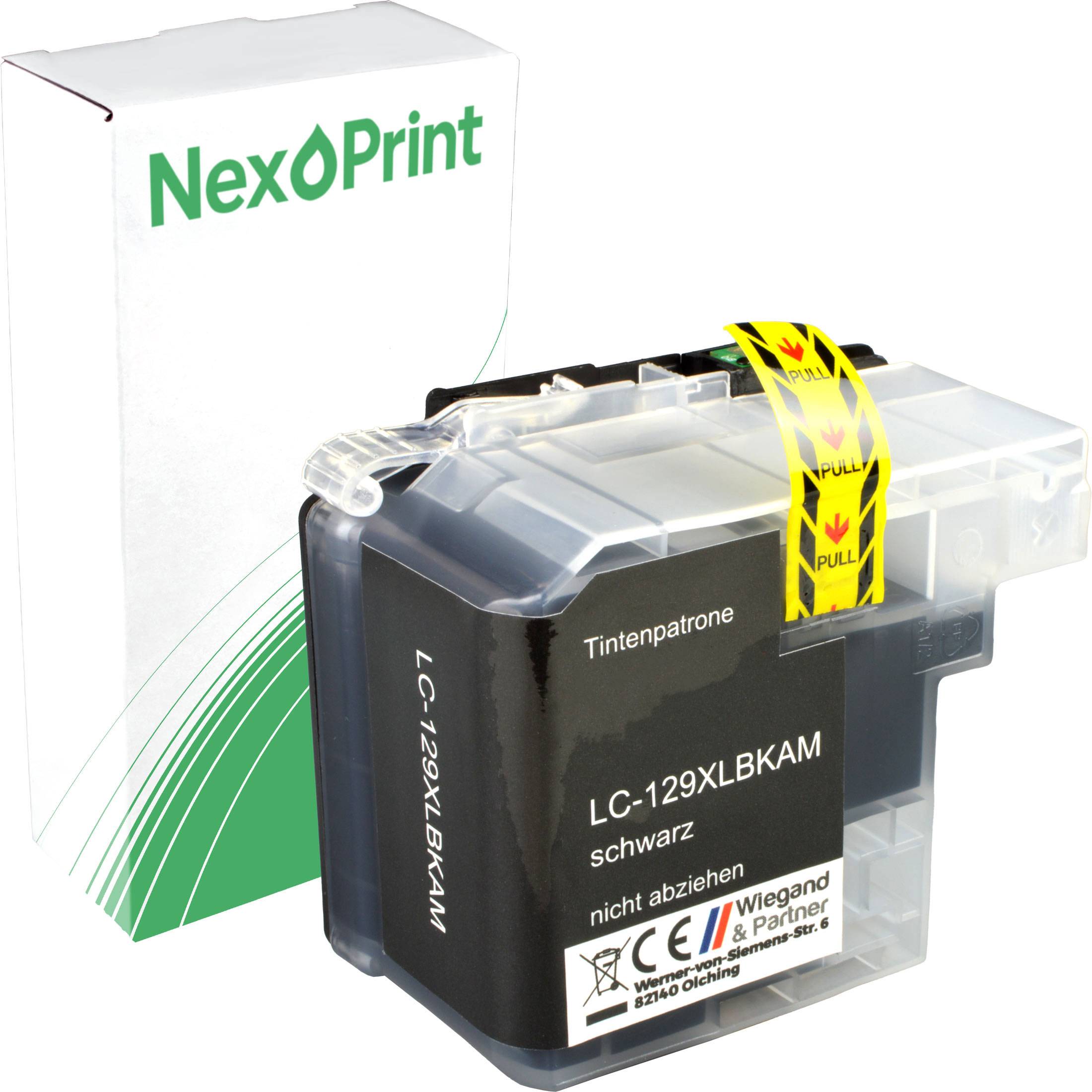 NexPrint' Marken-Tintenpatrone in Schwarz, Modell LC-129XLBKAM, mit sichtbarer Verpackung im Hintergrund.