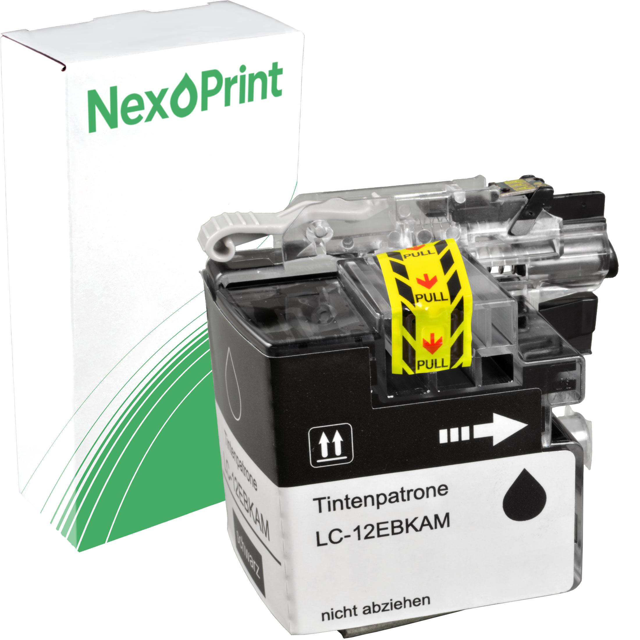 Eine schwarze Tintenpatrone mit der Bezeichnung 'Tintenpatrone LC-12EBKAM', daneben eine weiße Schachtel mit der Markenaufschrift 'NexPrint' und einem sichtbaren gelben Zuglasche.