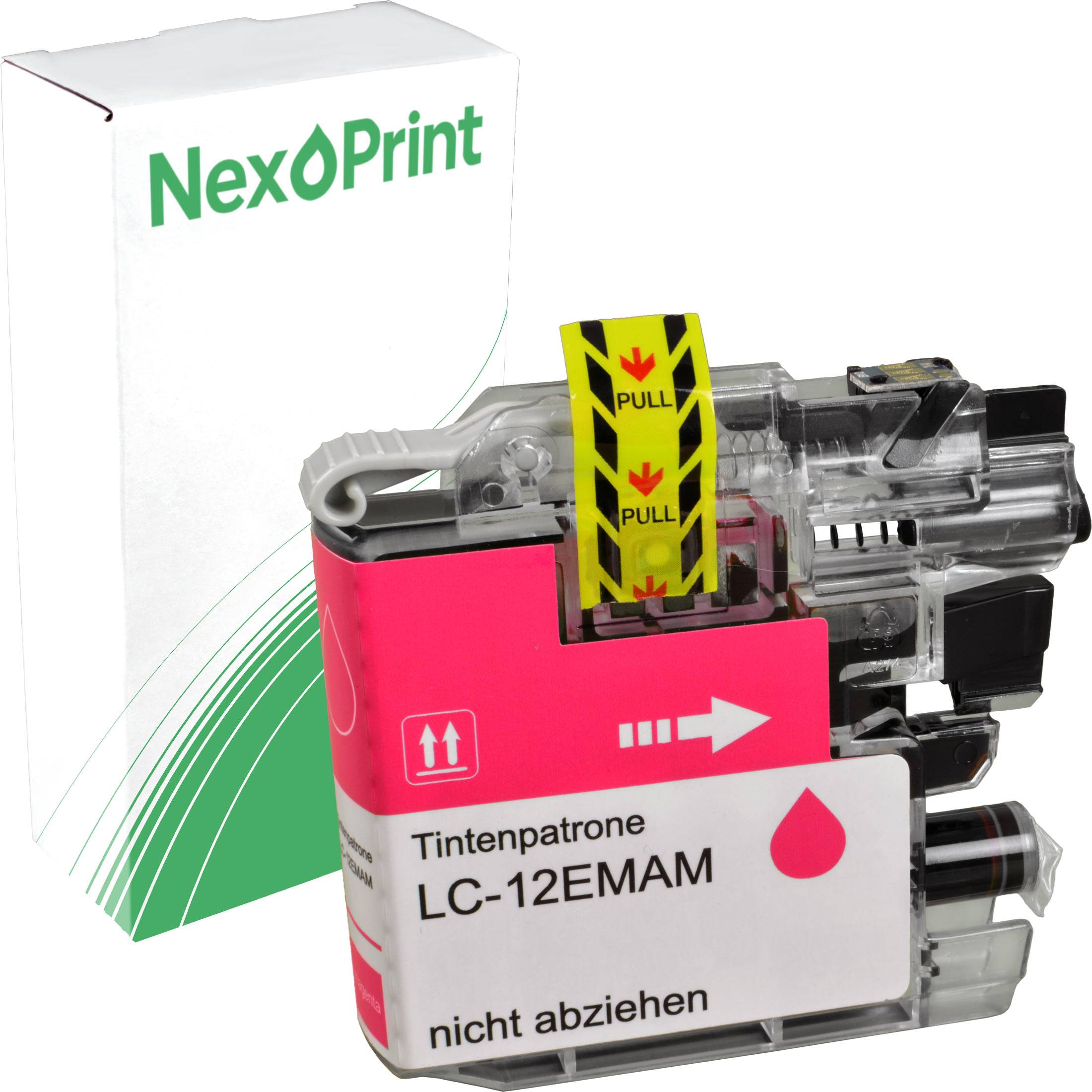 Eine NexPrint Tintenpatrone für das Modell LC-12EMAM mit transparentem Gehäuse und einem 'PULL' Zuglasche, die neben ihrer Verpackungsbox präsentiert wird.