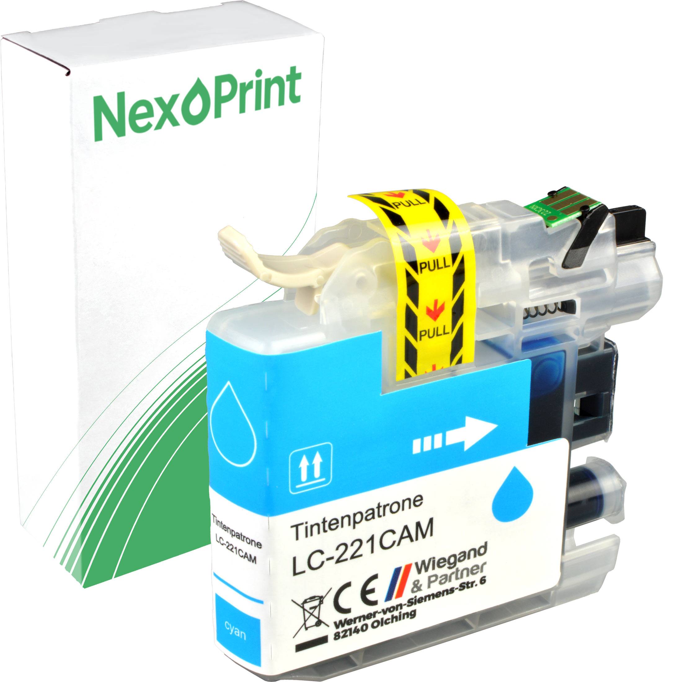 Tintenpatrone NexPrint LC-221CAM Cyan mit Verpackung. Mit einem Cyan-Tröpfchen-Symbol und Recycling-Symbolen, die Kompatibilität und Umweltfreundlichkeit anzeigen.