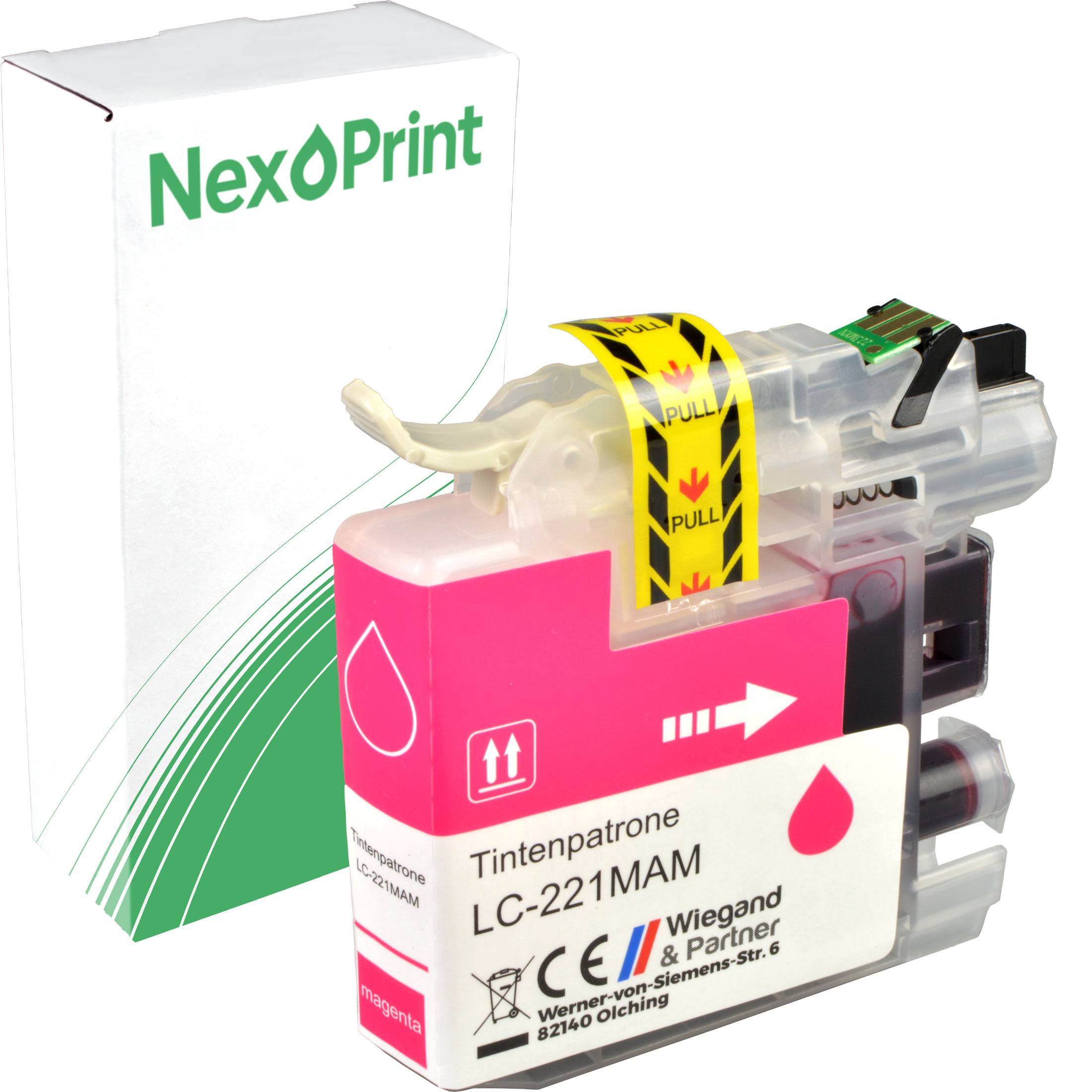 NexPrint LC-221MAM Tintenpatrone' mit rosa Etikett, 'Ziehen'-Lasche, CE-Kennzeichnung und Herstellerinformationen. Weiße Verpackung mit grünem Logo im Hintergrund.