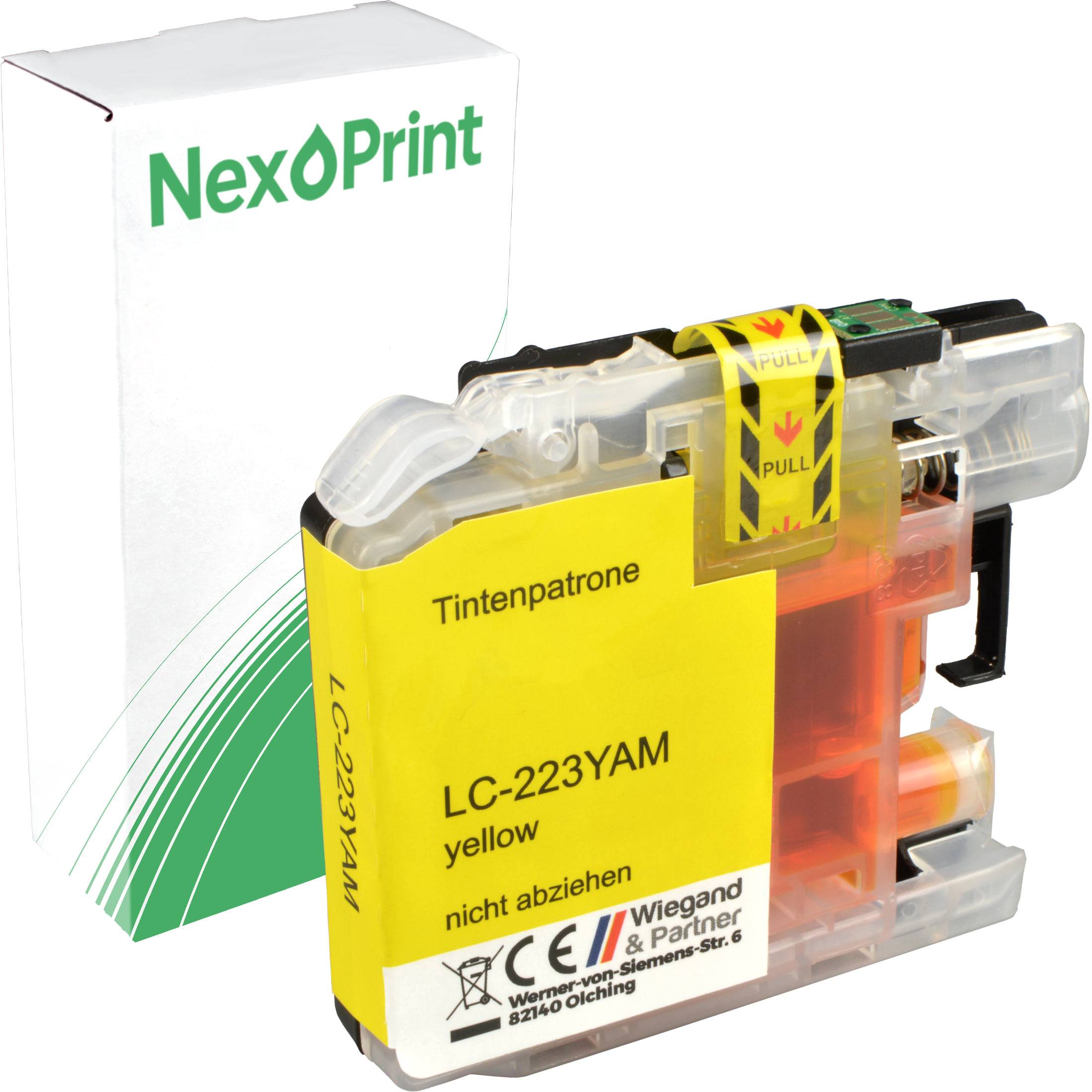 Eine gelbe LC-223YAM Druckerpatrone von NexPrint mit Verpackung. Enthält eine Lasche zum Ziehen und ist mit „nicht abziehen