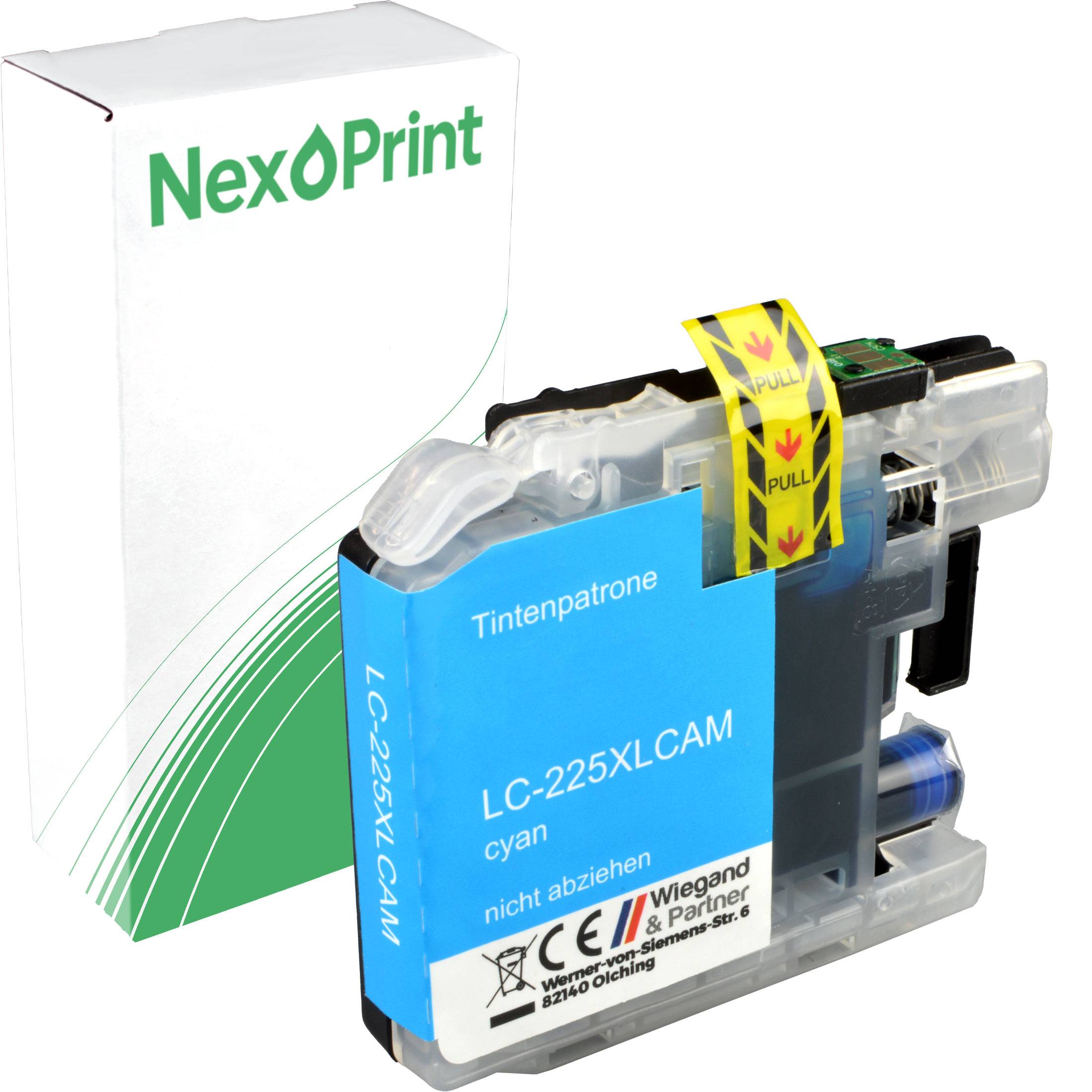 NexPrint' Cyan-Tintenpatrone, Modell LC-225XLCAM, gekennzeichnet als 'Tintenpatrone'. Verpackt und bereit zur Installation in kompatiblen Druckern.