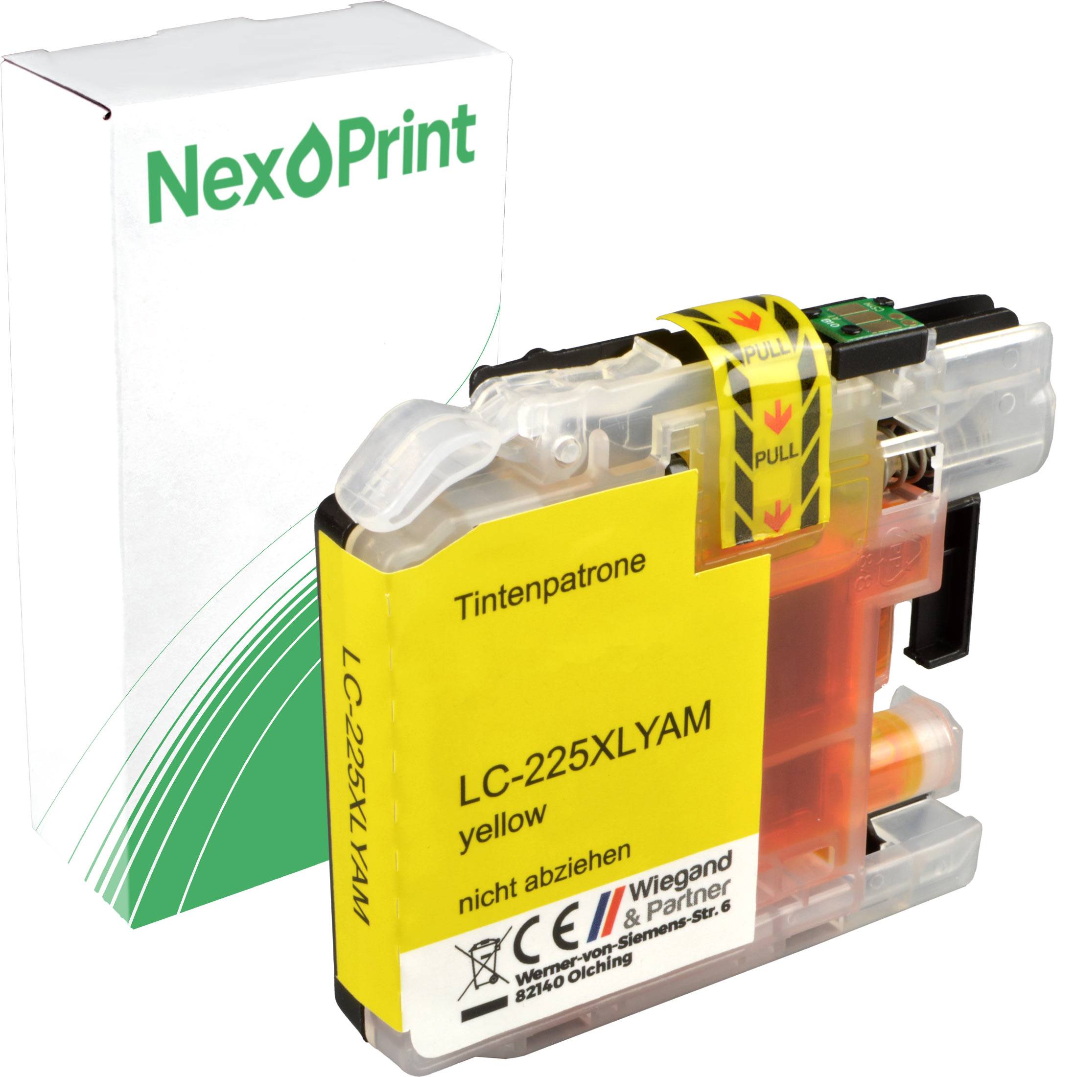 Gelbe Tintenpatrone LC-225XLYAM von NexPrint, TÜV-zertifiziert, CE-gekennzeichnet, in Verpackung, mit Warnhinweis 
