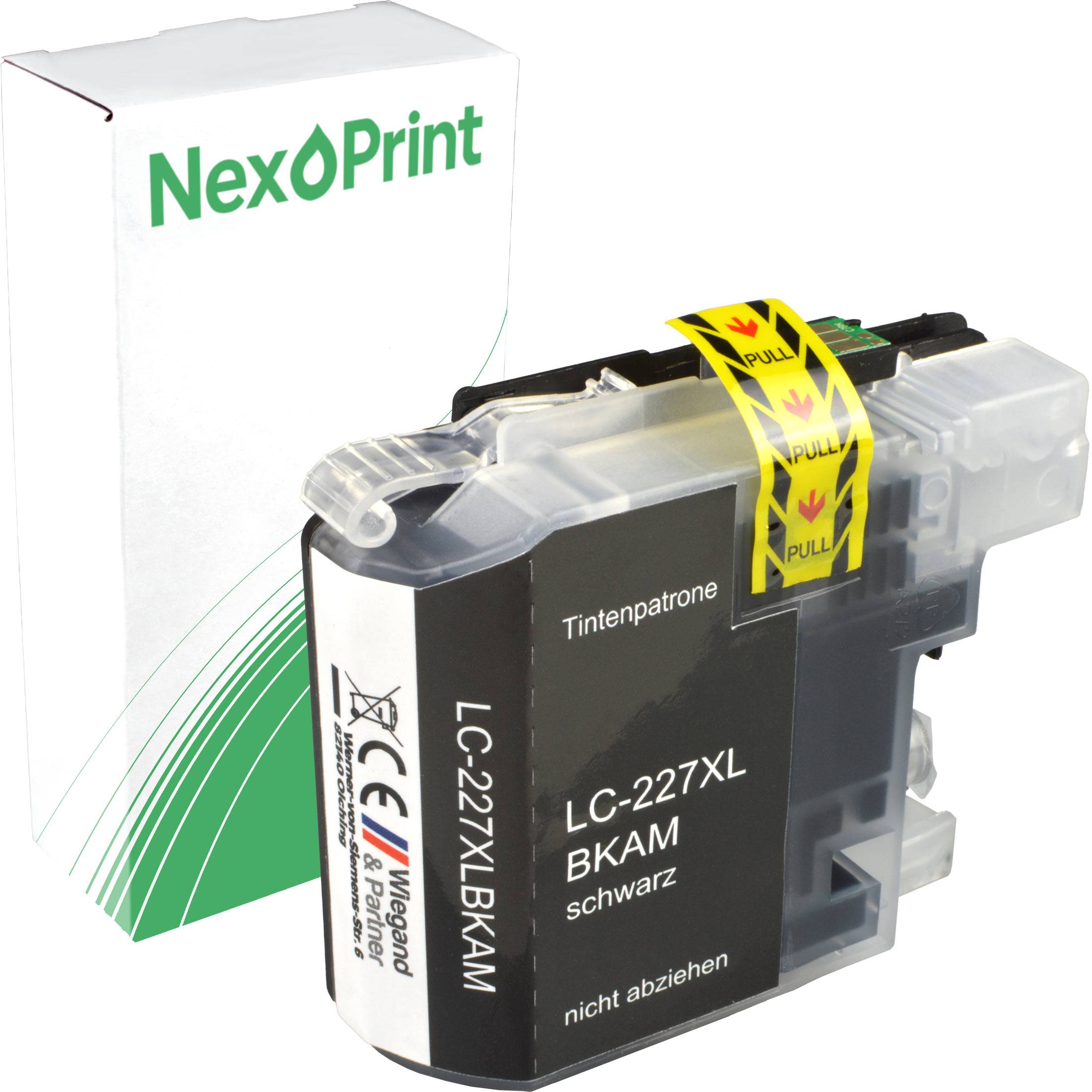 Tintenpatrone mit der Bezeichnung 'LC-227XL BKAM' in einer 'NexPrint' Schachtel; deutscher Text enthält 'nicht abziehen' und 'schwarz'.