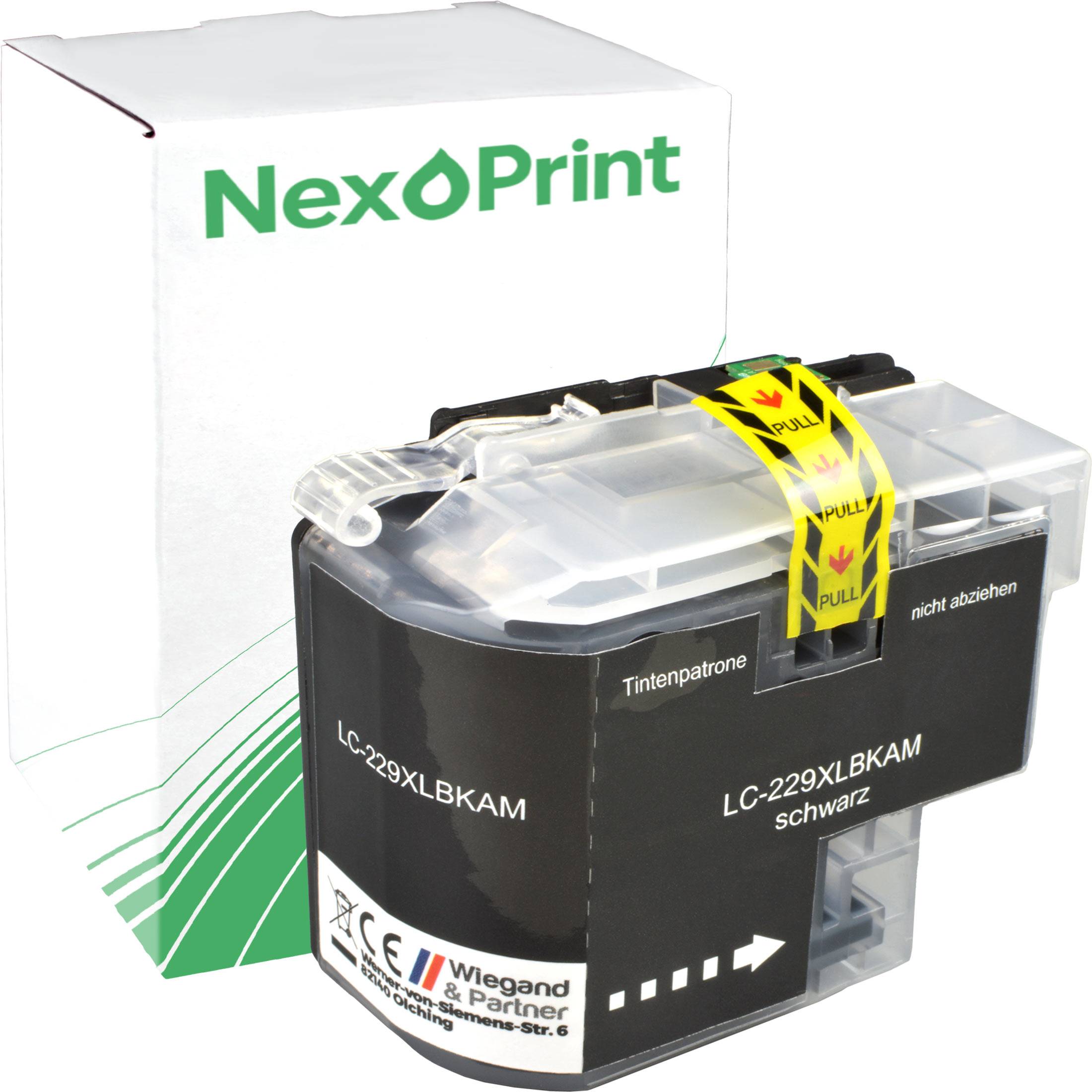 Tintenpatrone für NexPrint-Drucker, Modell LC-229XLBKAM, Farbe schwarz, gezeigt mit Verpackungskarton und Zuglasche mit Beschriftung „Ziehen