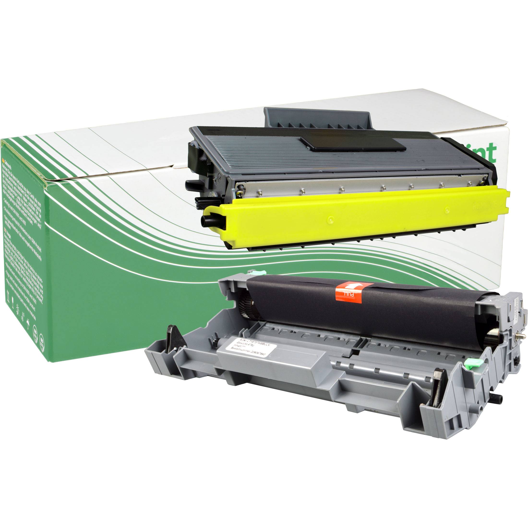 Tonerkassette und Trommeleinheit im Lieferumfang, geeignet für Laserdrucker. Die Verpackung weist grüne und weiße Designelemente auf.