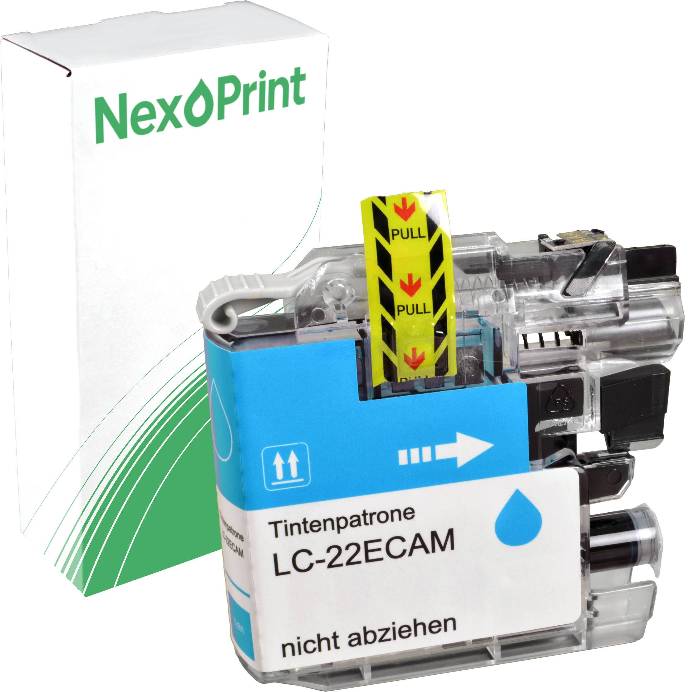 Tintenpatrone LC-22ECAM mit 'NexPrint'-Markierung auf der Verpackung. Hinweis: 'Tintenpatrone nicht abziehen'.