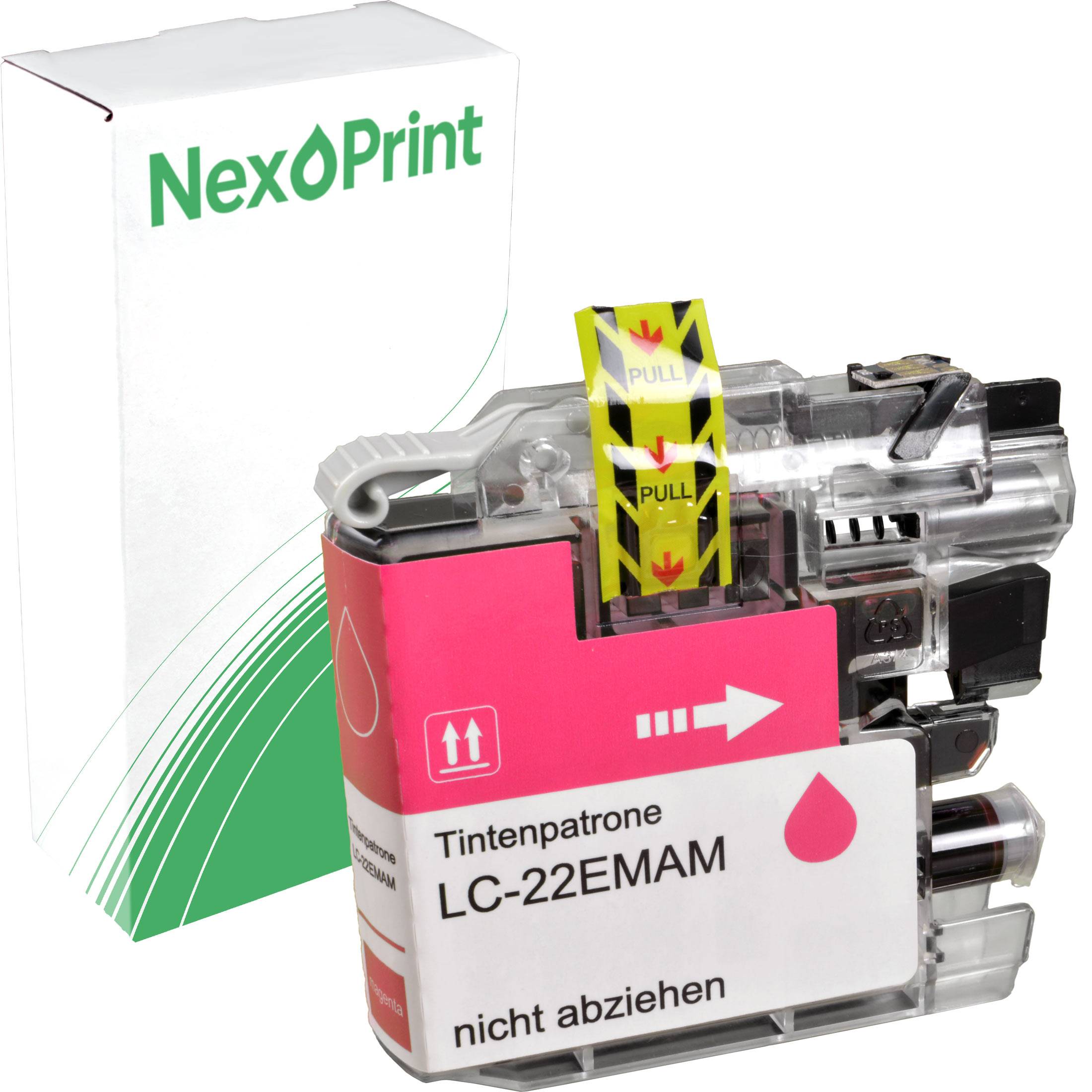 Tintenpatrone LC-22EMAM nicht abziehen mit einem durchsichtigen Gehäuse neben einer Schachtel der Marke 'NexPrint'.