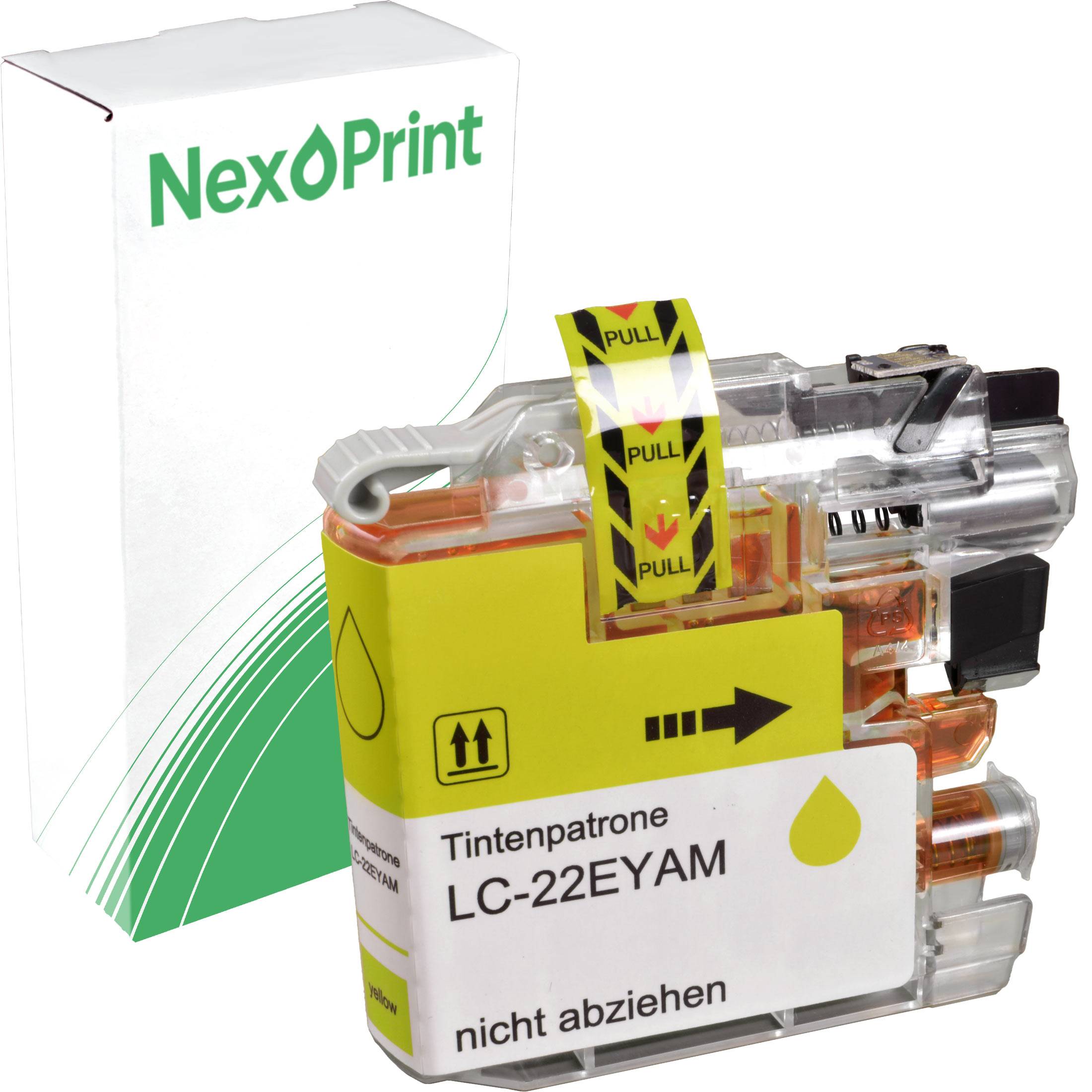 Eine beschriftete Tintenpatrone mit den Aufschriften 'LC-22EYAM', 'nicht abziehen' und 'Pull'-Laschen, die sichtbar ist. Positioniert vor einer NexPrint-Schachtel.