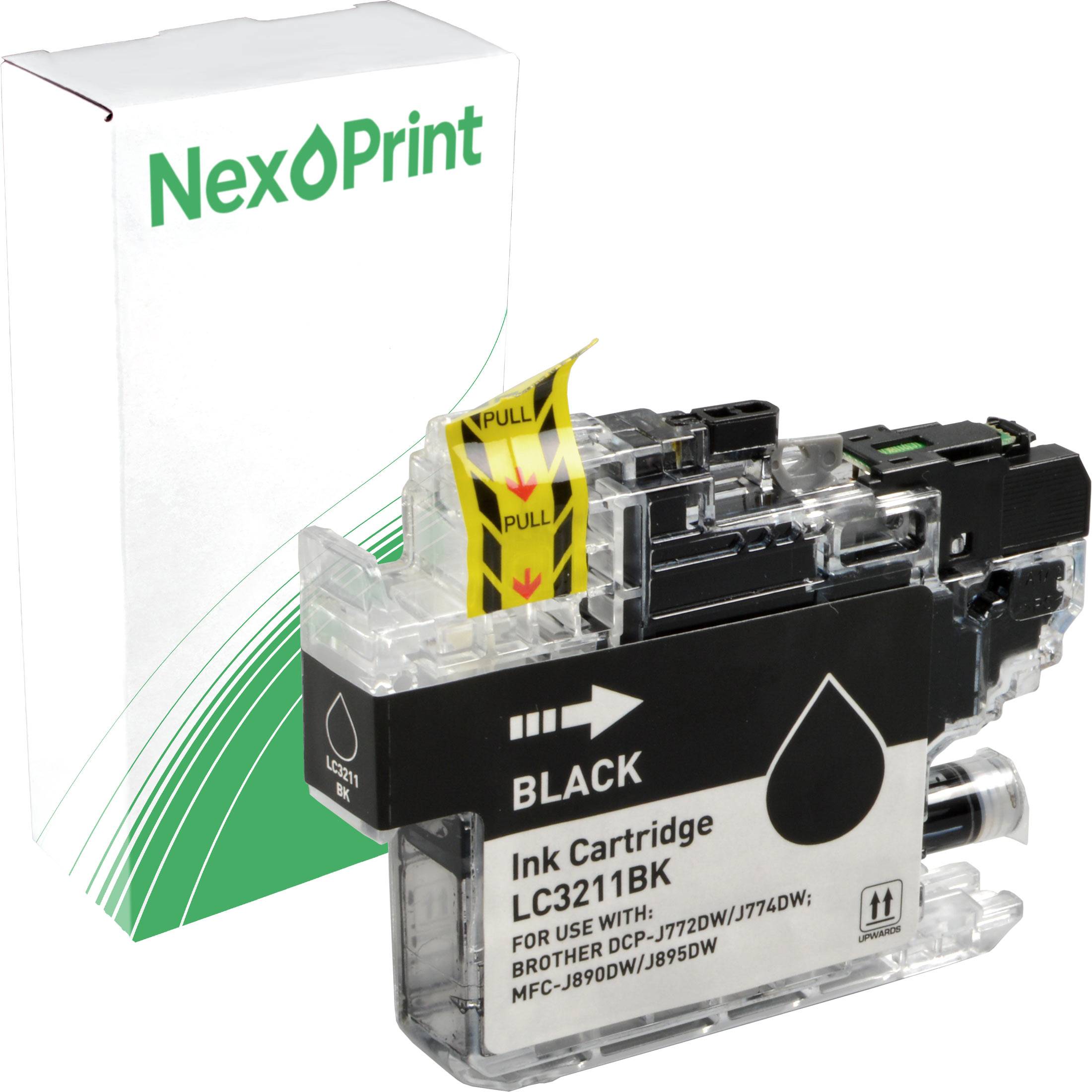 Schwarze Tintenkartusche LC3211BK für die Verwendung mit Brother DCP-J772DW/J774DW, MFC-J890DW/J895DW im NexPrint-Verpackungsdesign.