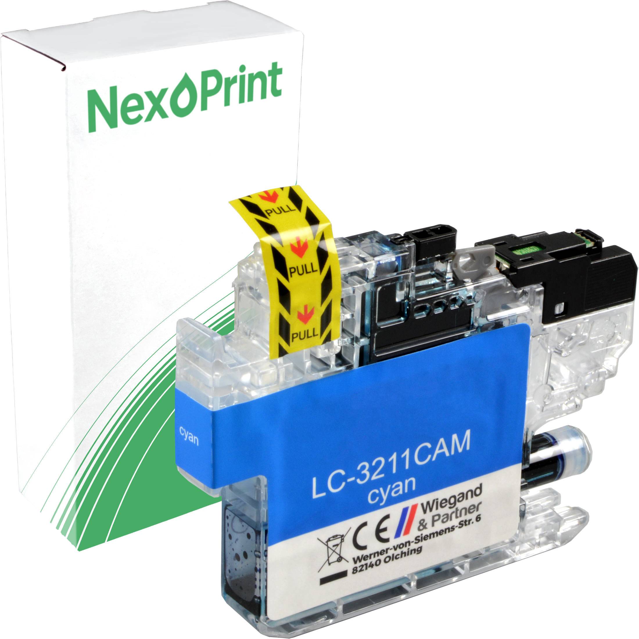Cyan-Druckkopfpatrone mit Kennzeichnung 'LC-3211CAM', kompatibel mit NexPrint-Druckern, mit Registerkarten zum Abziehen und CE-Zertifizierungsmarkierungen.