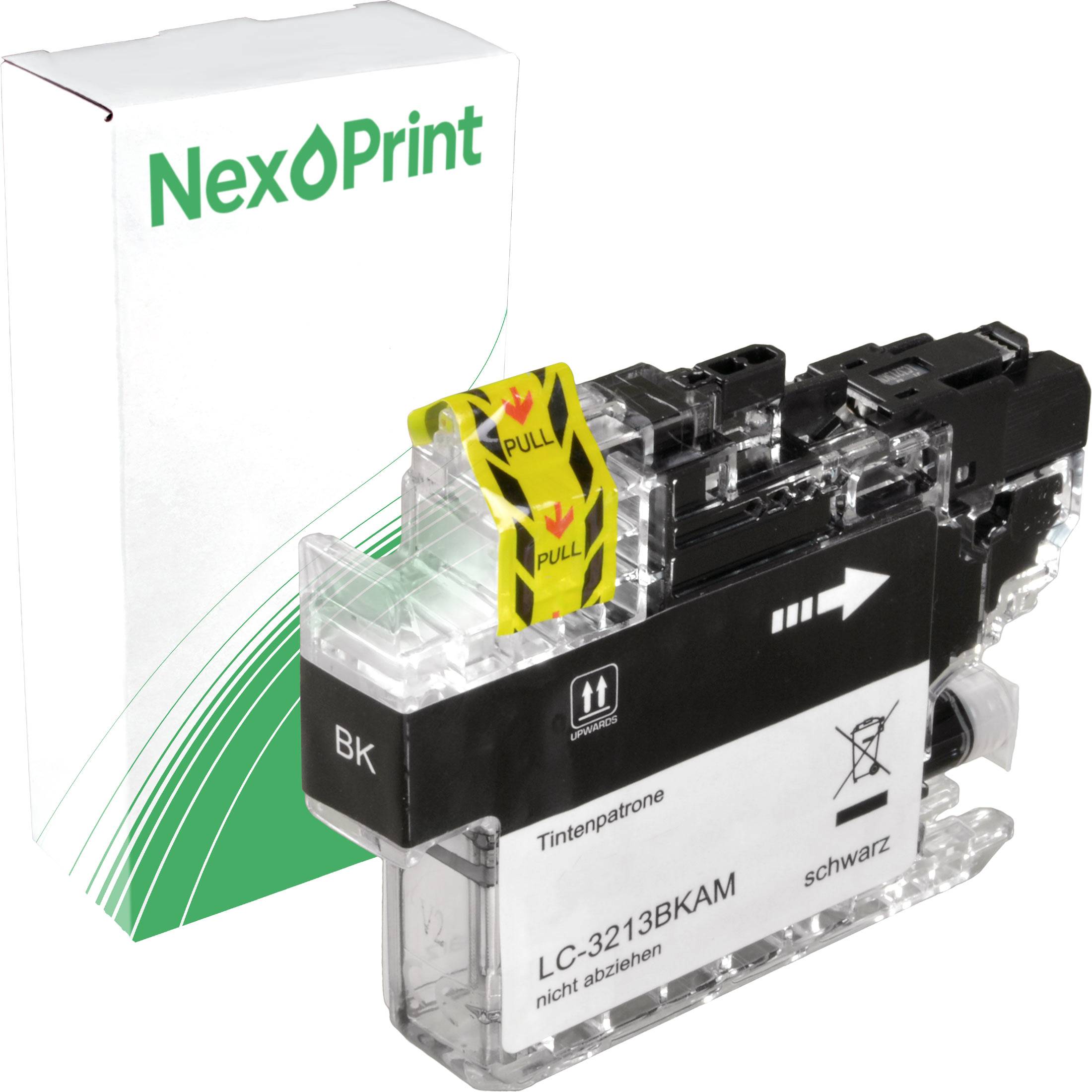 Tintenpatrone, die vor ihrer Verpackung präsentiert wird. Die Verpackung trägt den Schriftzug 