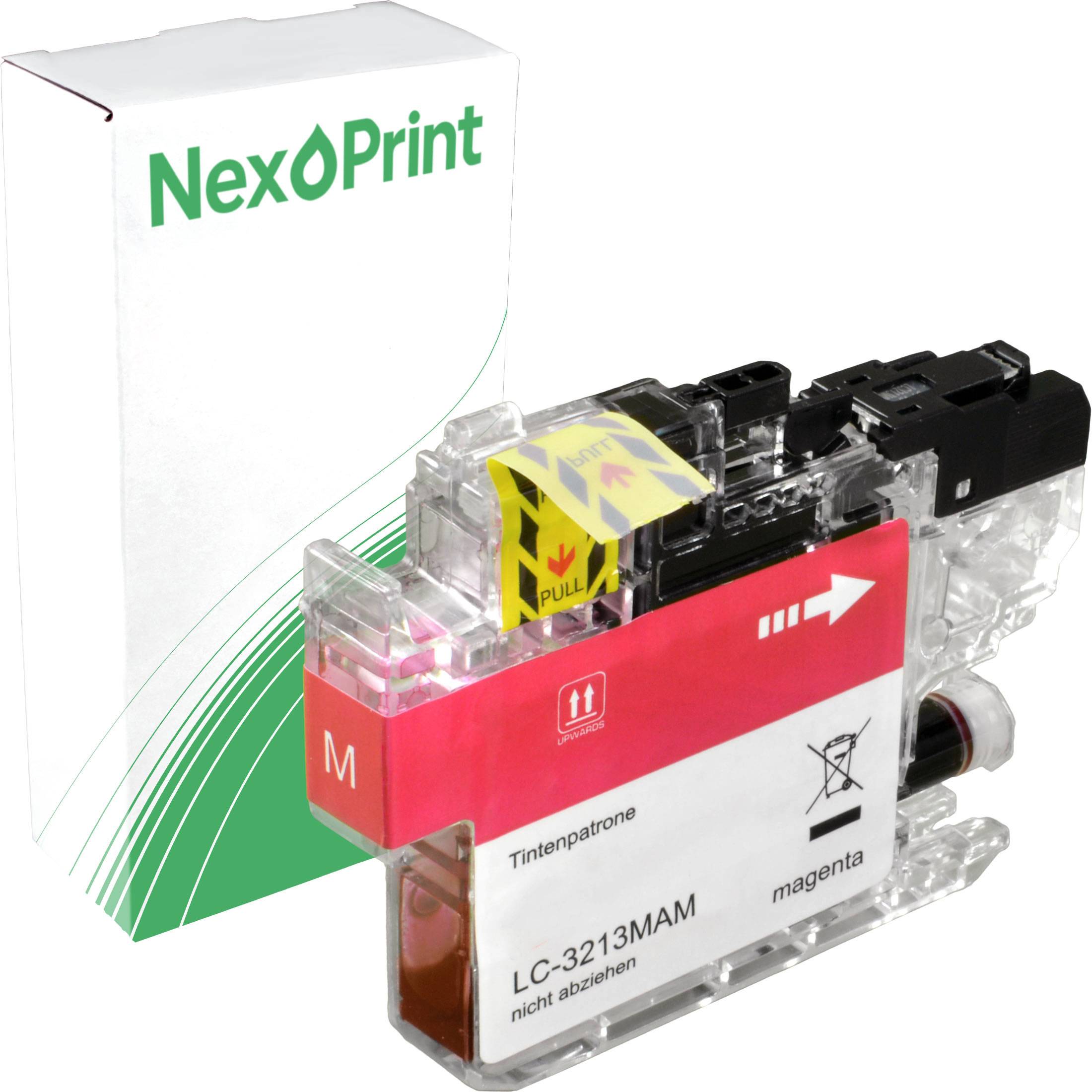 Druckerpatrone für NexPrint, Modell LC-3213MAM in Magenta, mit transparentem Gehäuse, das sein Etikett und Zuglasche zeigt.