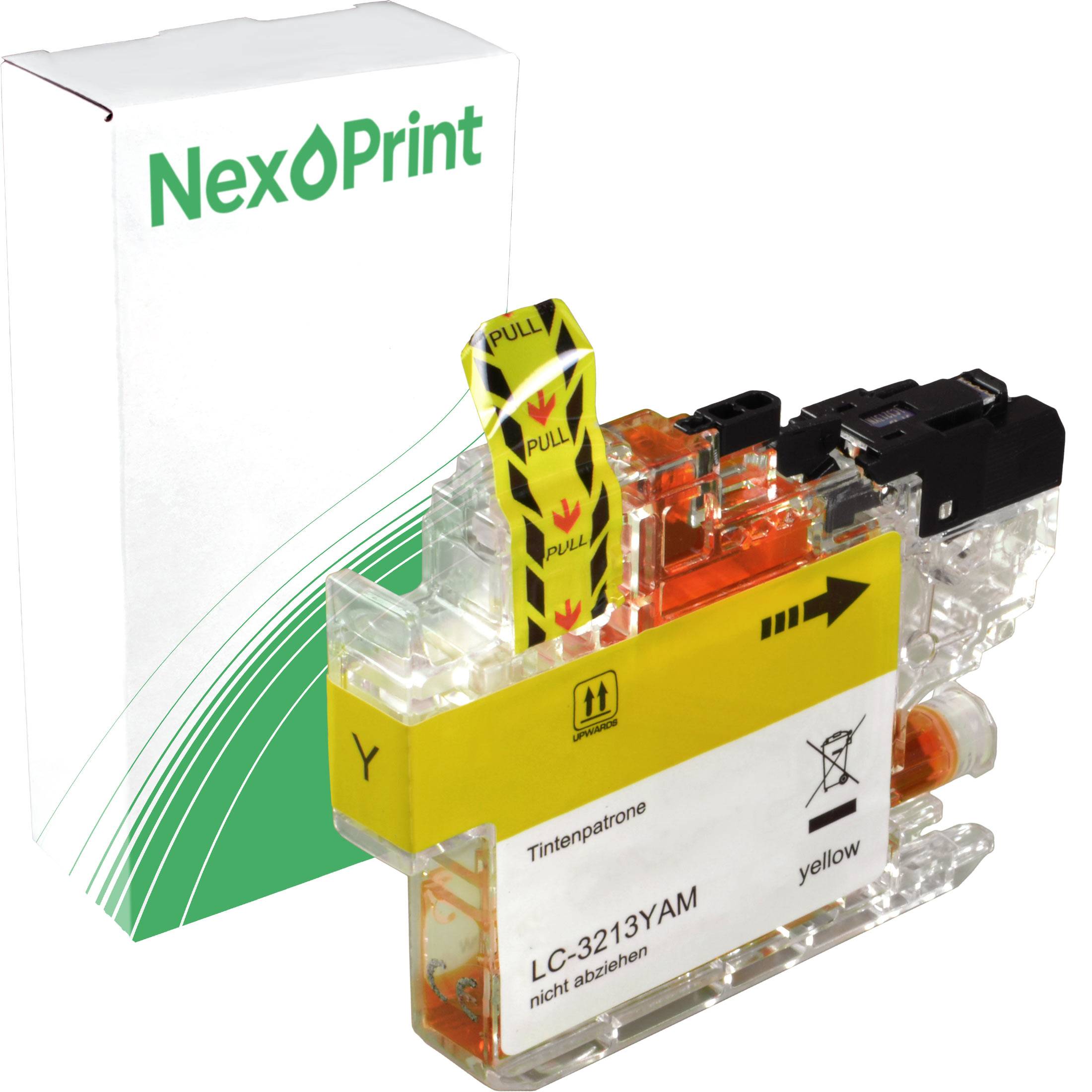 Eine Tintenpatrone mit der Bezeichnung 'LC-3213YAM', entwickelt für NexPrint-Drucker, mit einem gelben Farbindikator und einem 'Zieh'-Reiter für einfache Installation.