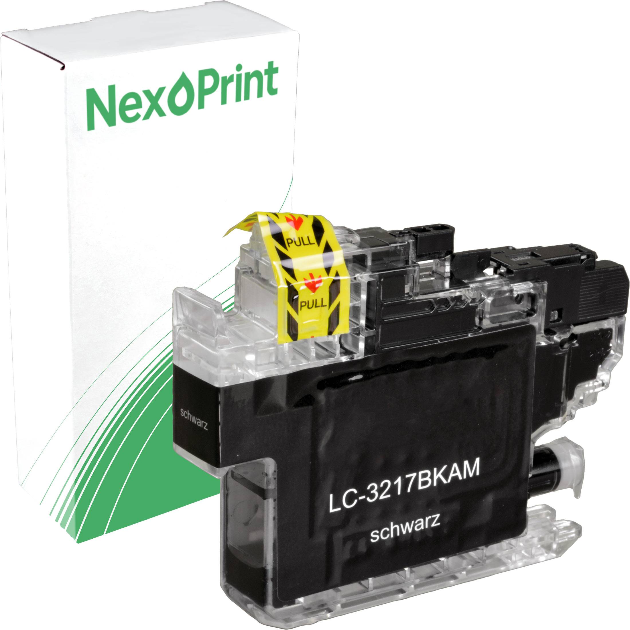 NexPrint' markierte schwarze Tintenpatrone für Drucker, Modell LC-3217BKAM, mit Verpackung im weiß-grünen Design.