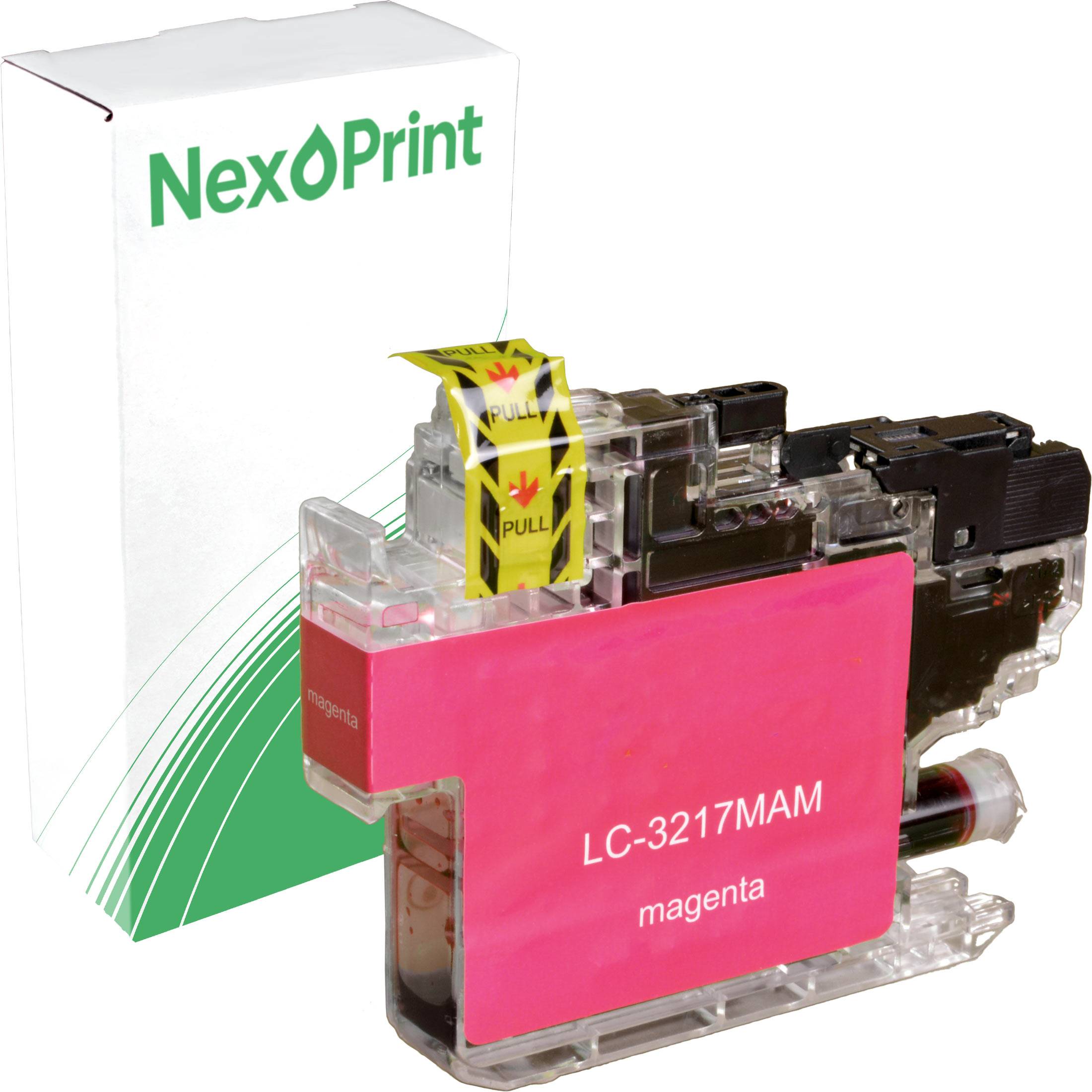 Tintenpatrone der Marke 'NexPrint' in Magenta, Modell LC-3217MAM, in Verpackung mit grün-weißem Design.