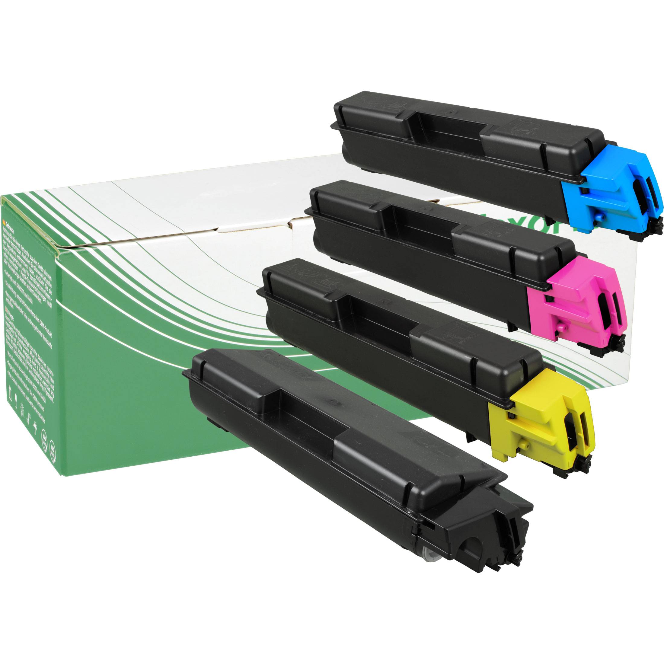 Ein Satz von vier Druckertonerpatronen in Cyan, Magenta, Gelb und Schwarz, angeordnet auf einer grün-weißen Schachtel.