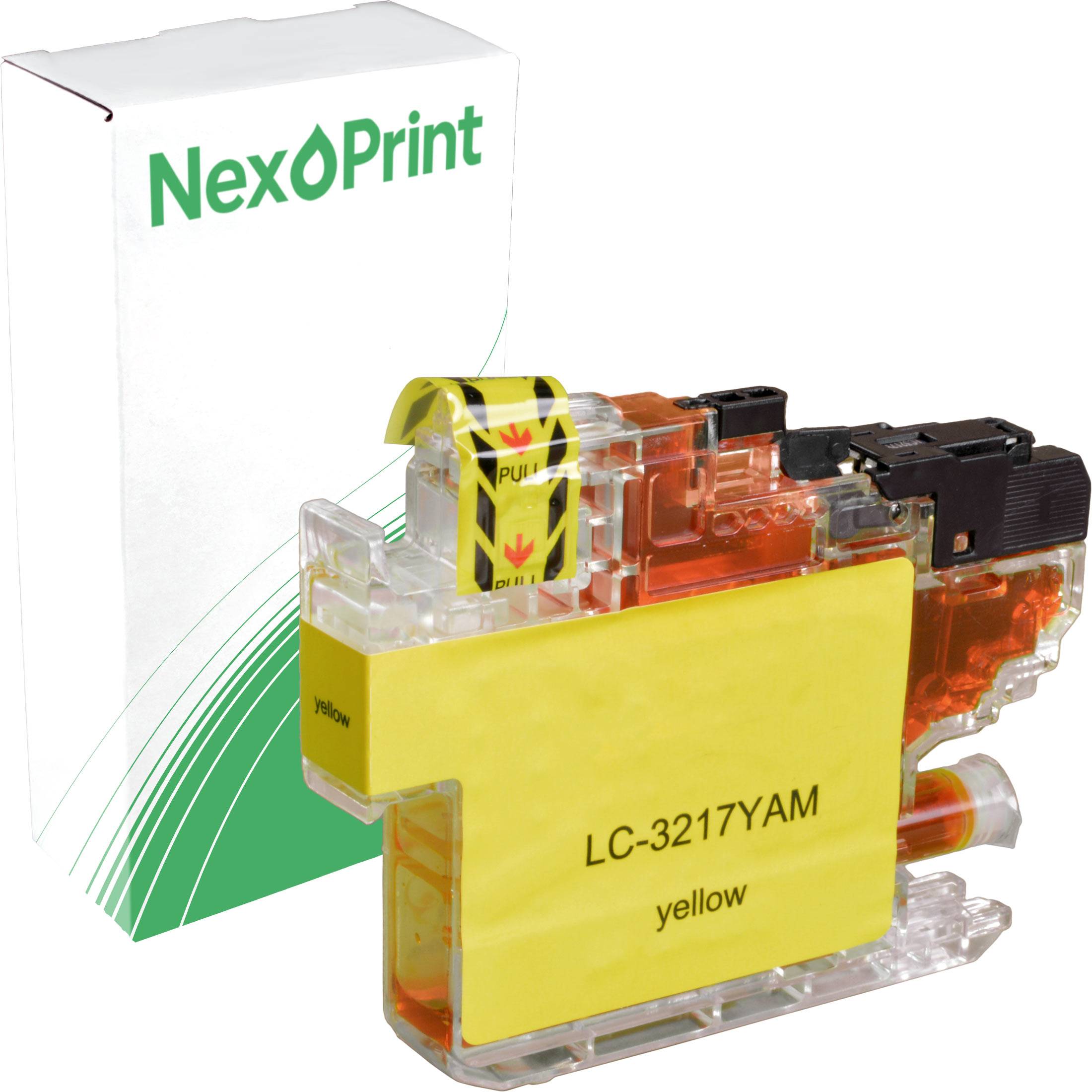 Gelbe NexPrint-Tintenpatrone in transparentem Gehäuse, mit der Beschriftung 