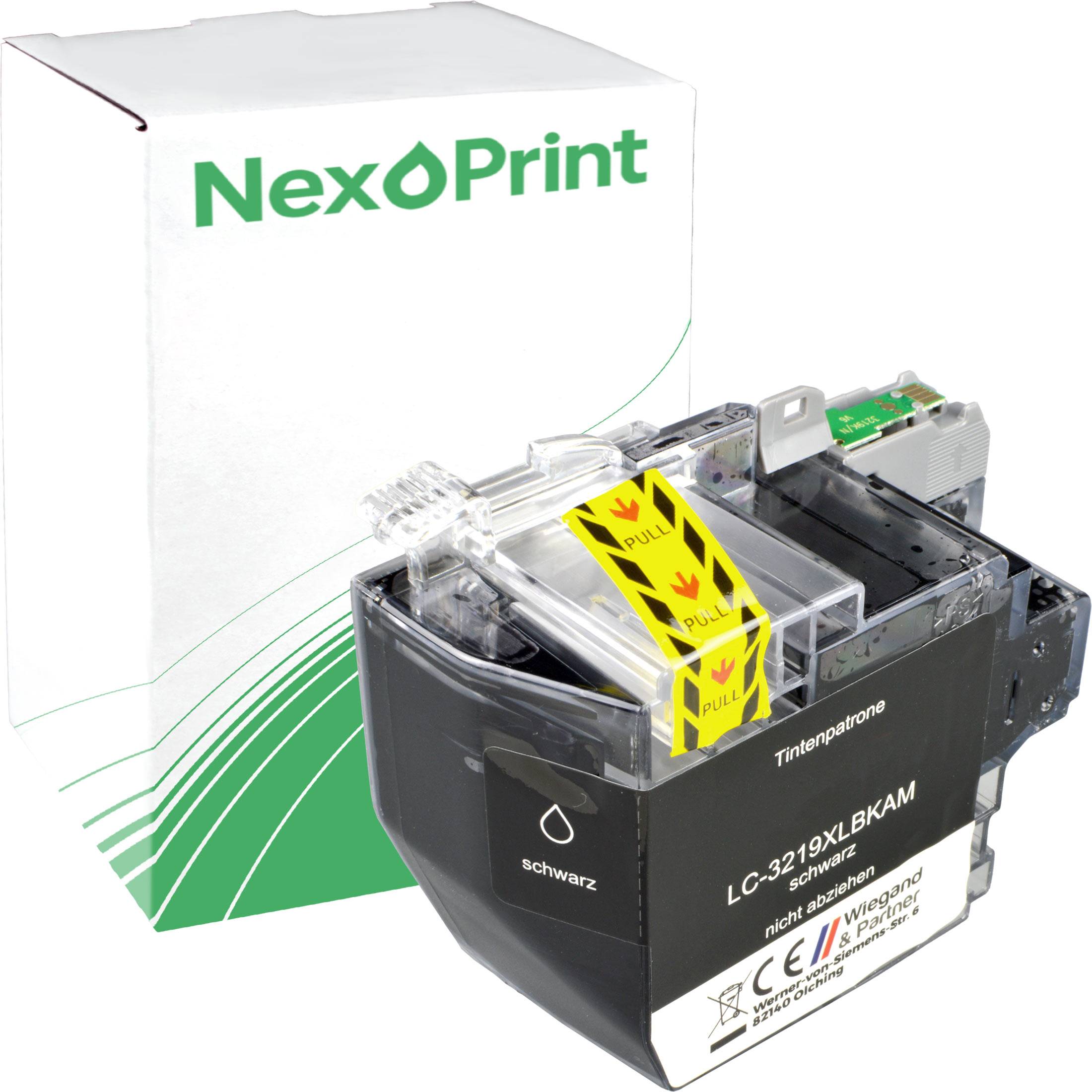 Tintenpatrone von 'NexoPrint' in der Originalverpackung neben einer schwarzen Patrone mit der Bezeichnung 'LC-3219XLBK/AM'.