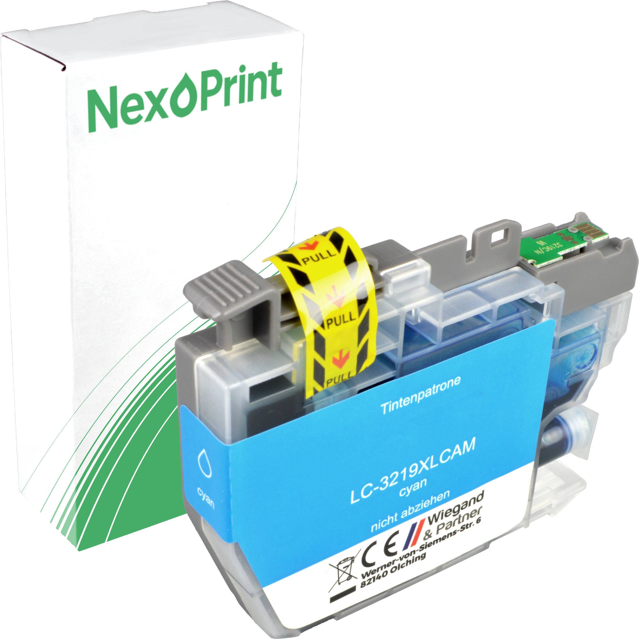 Cyan-Tintenpatrone LC-3219XLCAN von NexPrint, mit Verpackung dargestellt. Zu den Funktionen gehört eine 'Zieh'-Lasche für einfache Entnahme.