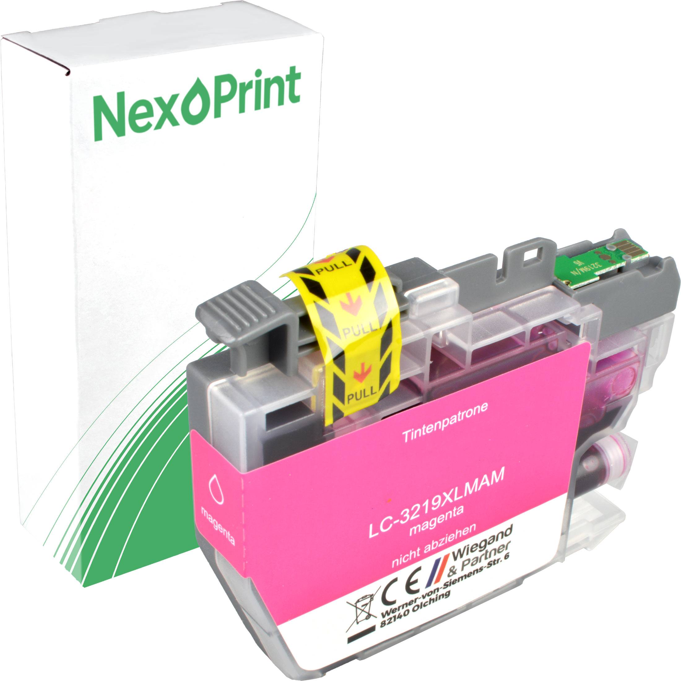 Foto einer 'NexPrint' Magenta-Tintenpatrone mit ihrer Verpackung. Die Patrone zeigt das Modell 'LC-3219XLMAM' und Warnhinweissymbole.