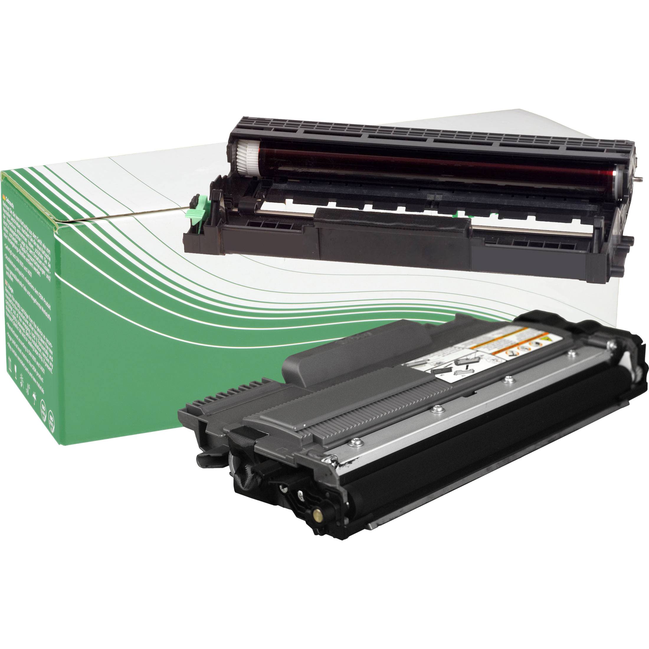 Druckertonerkassette mit Verpackungskarton, zeigt grünes und weißes Design.
