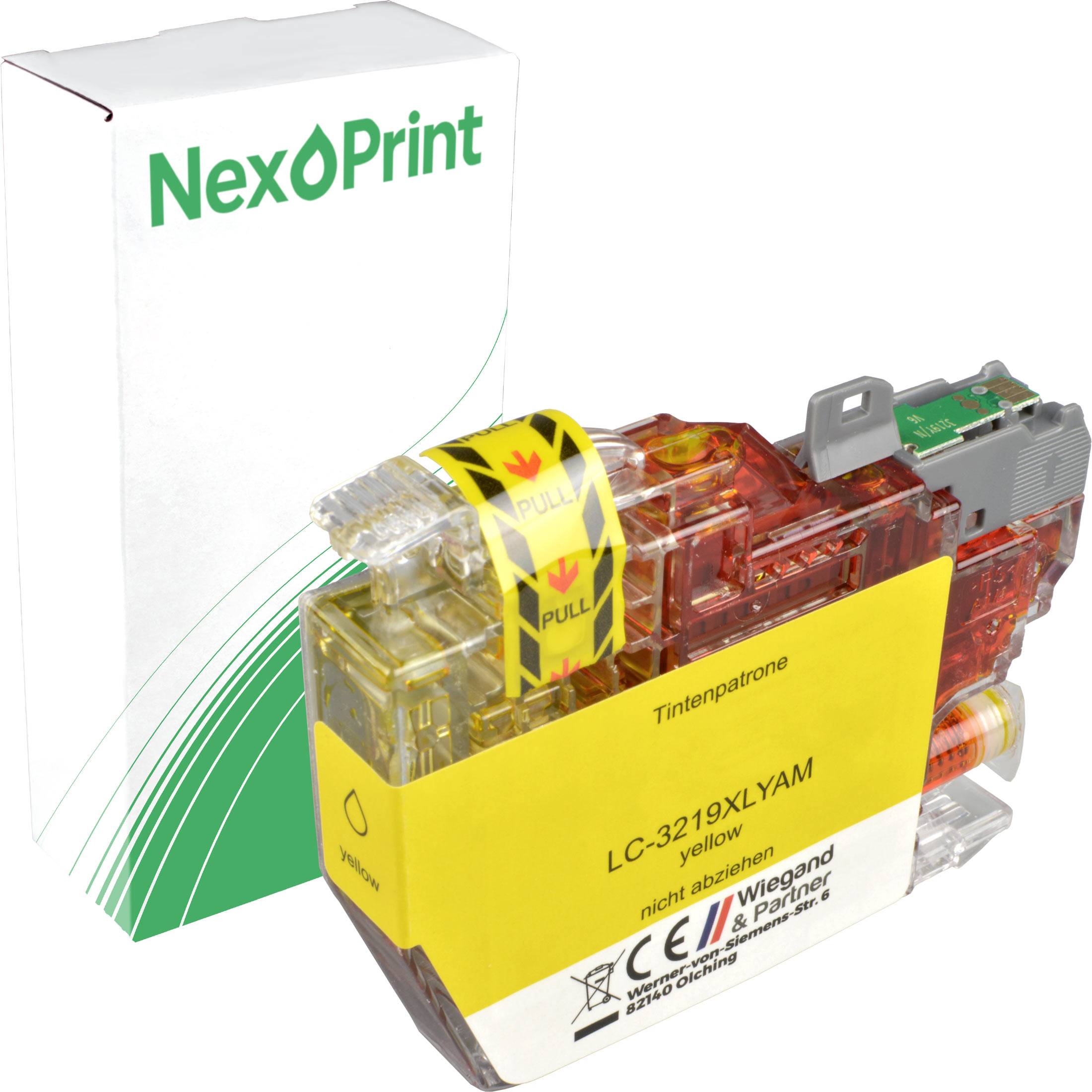 Verpackung für Tintenpatrone der Marke 'NexPrint'; gelbe Tintenpatrone mit der Bezeichnung 'LC-3219XLYAM' im Vordergrund.