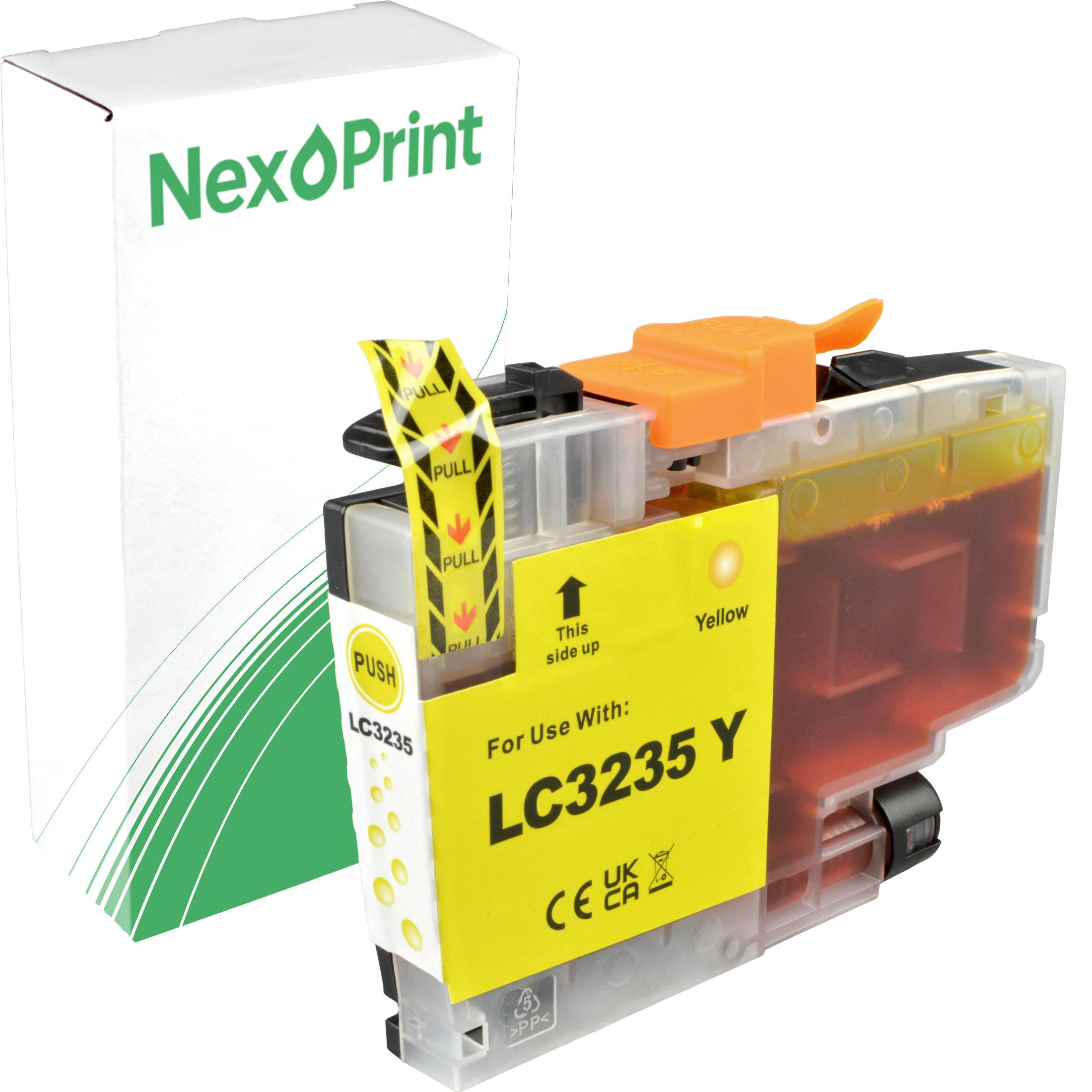 NexPrint' Tintenpatrone in Originalverpackung und gelbe LC3235Y Patrone, die die Kompatibilität anzeigt. Die Verpackung weist ein grün-weißes Design auf.