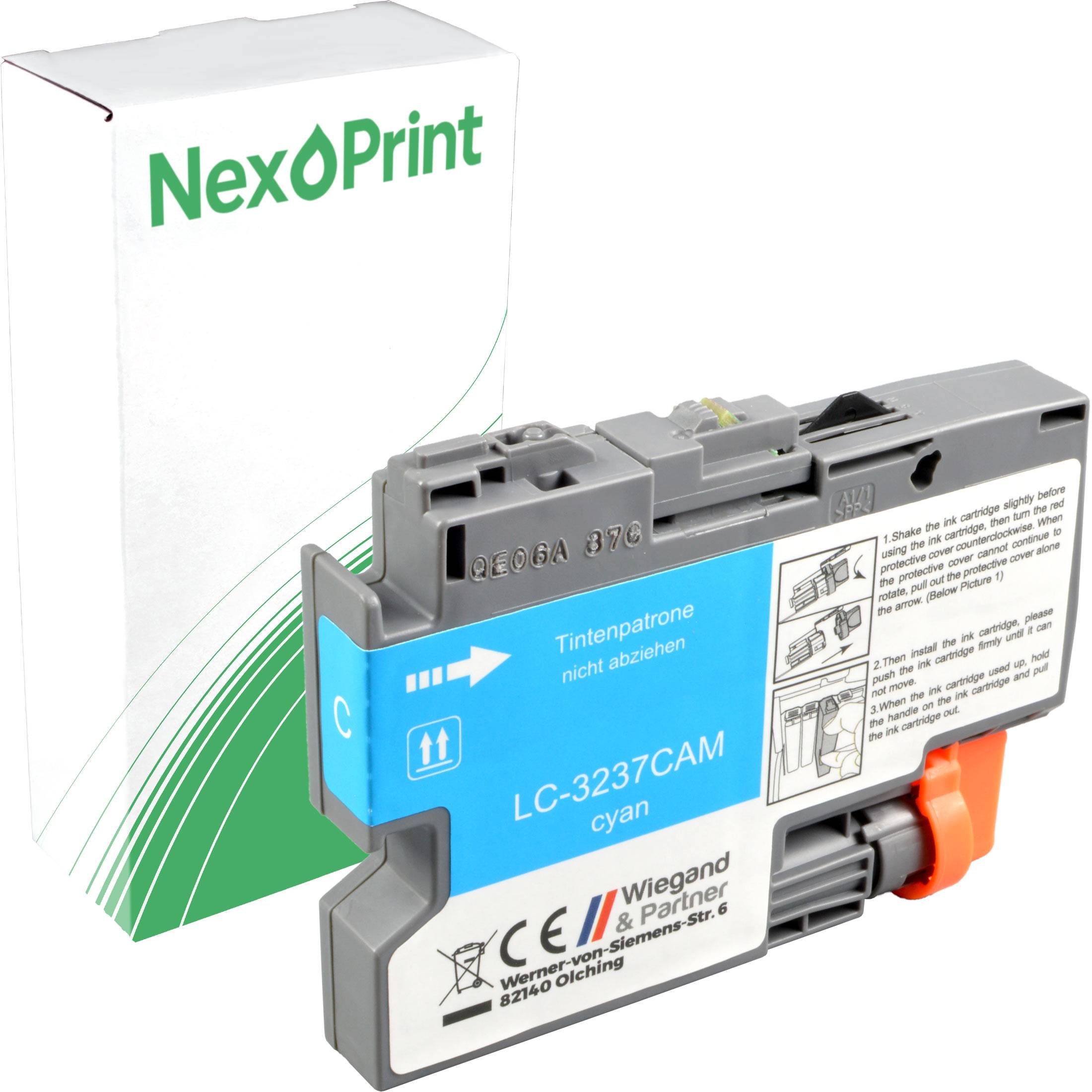 Cyan-Tintenpatrone der Marke 'NexPrint', Modell LC-3237CAM, mit Verpackung im Hintergrund.