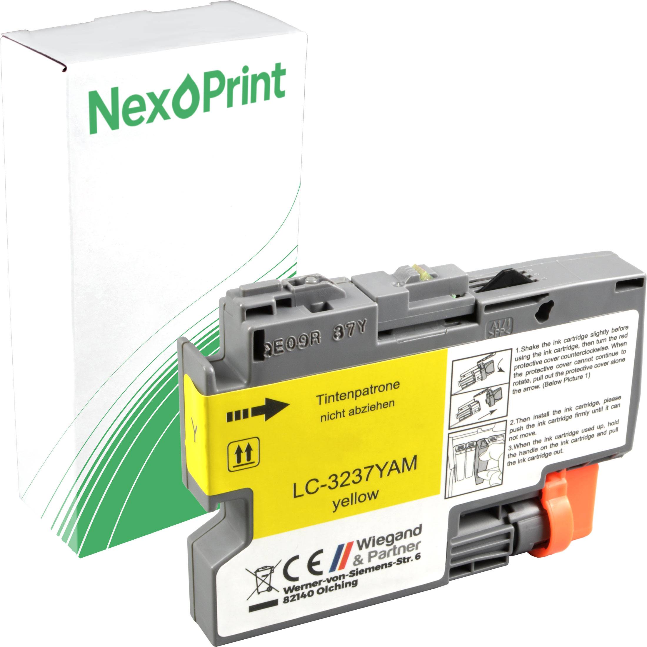 Gelbe Tintenpatrone 'LC-3237YAM' von NexPrint, mit Verpackung. Kompatibel mit verschiedenen Druckermodellen, gekennzeichnet für korrekte Installation.