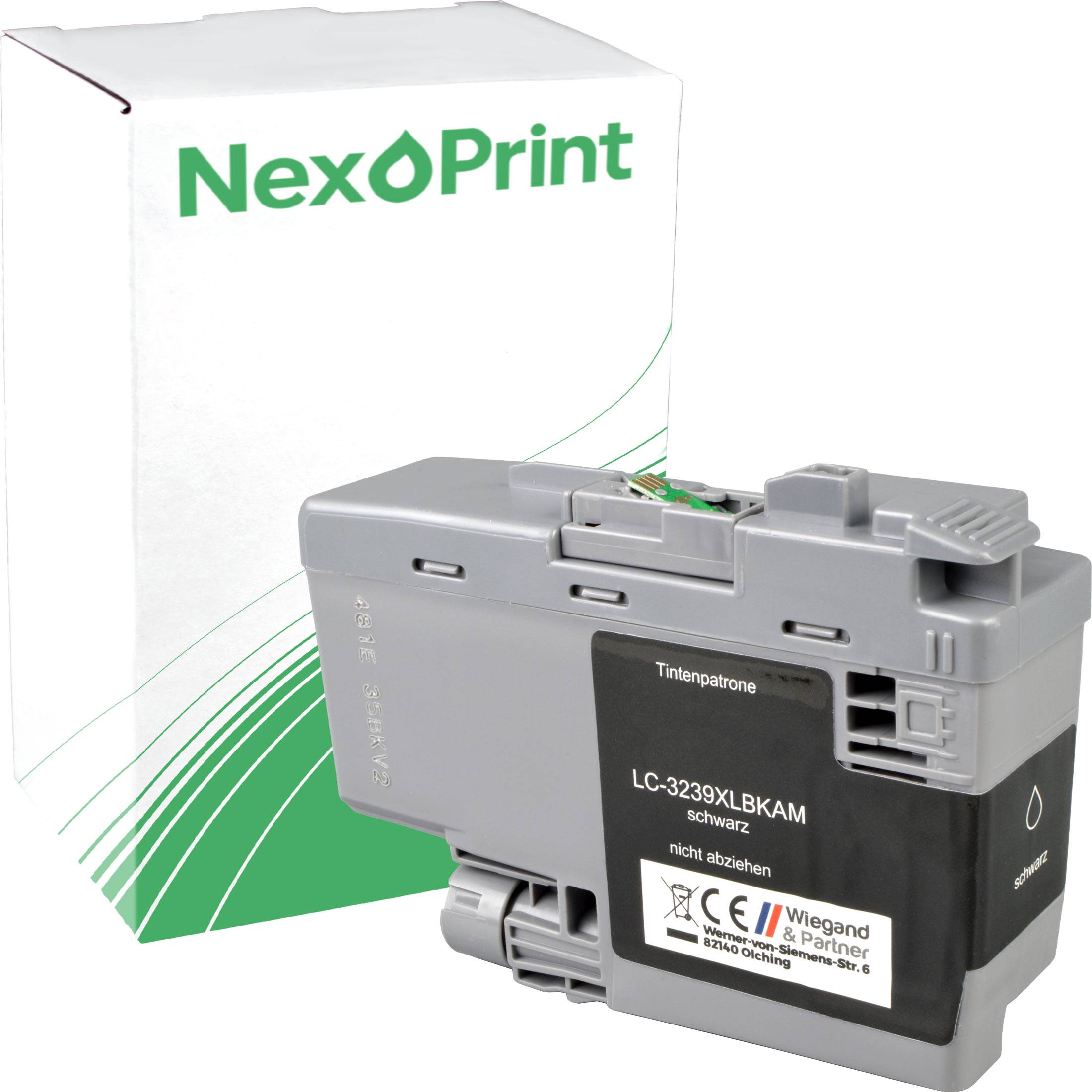 Eine graue Tintenpatrone mit der Bezeichnung 'NexPrint LC-3239XL', auf der 'nicht abziehen' steht, vor einer NexPrint-Verpackung.