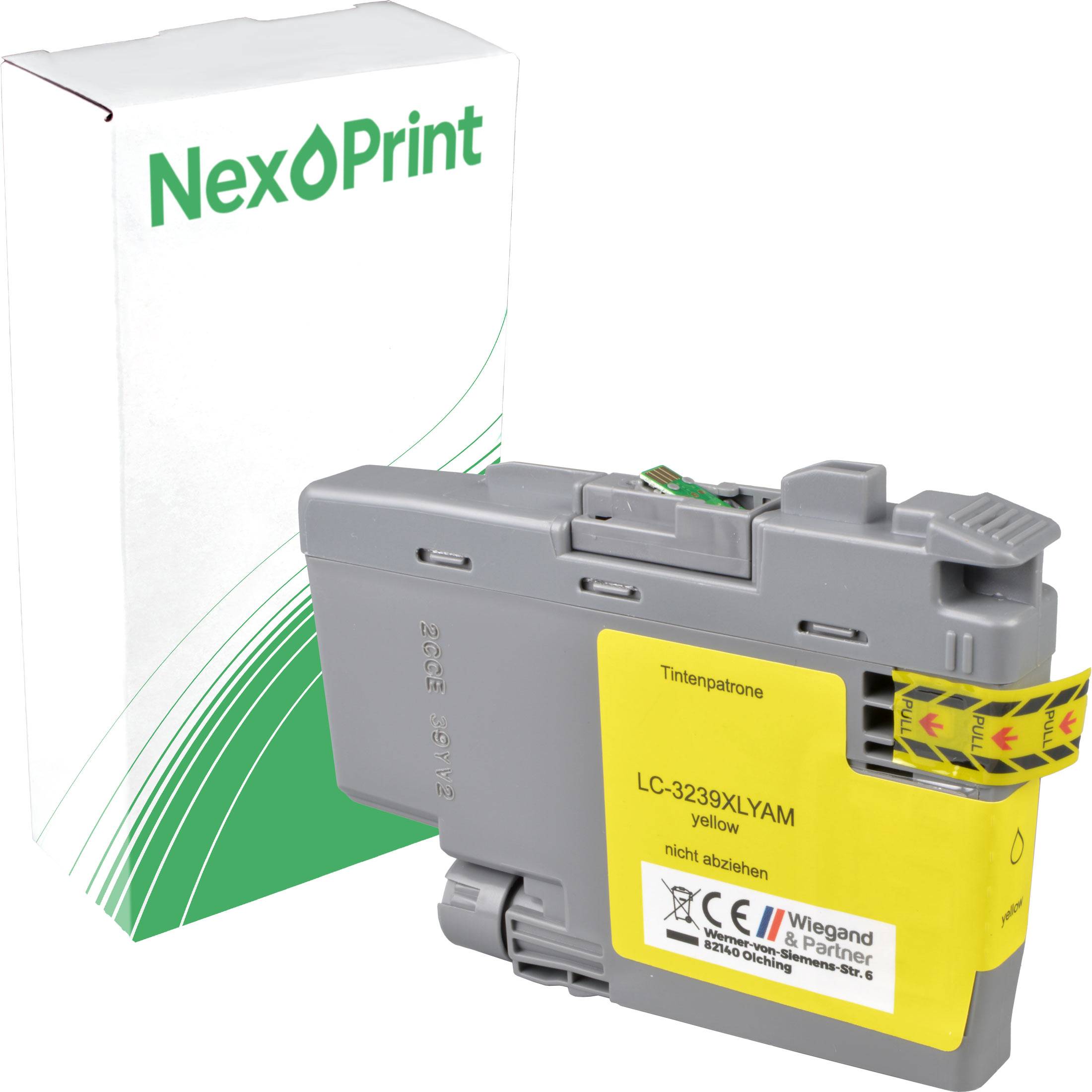 Gelber NexPrint Tintenpatrone mit der Bezeichnung 'LC-3239XLYAM', die vor ihrer Verpackungsschachtel positioniert ist.