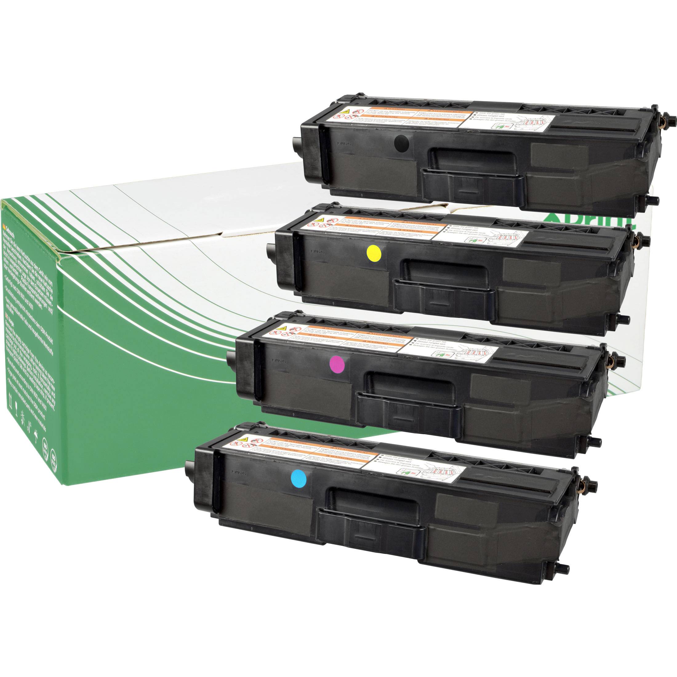 Satz von vier Farbtoner-Kartuschen für Laserdrucker, dargestellt in Schwarz, Cyan, Magenta und Gelb, gestapelt auf einer grün-weißen Schachtel.