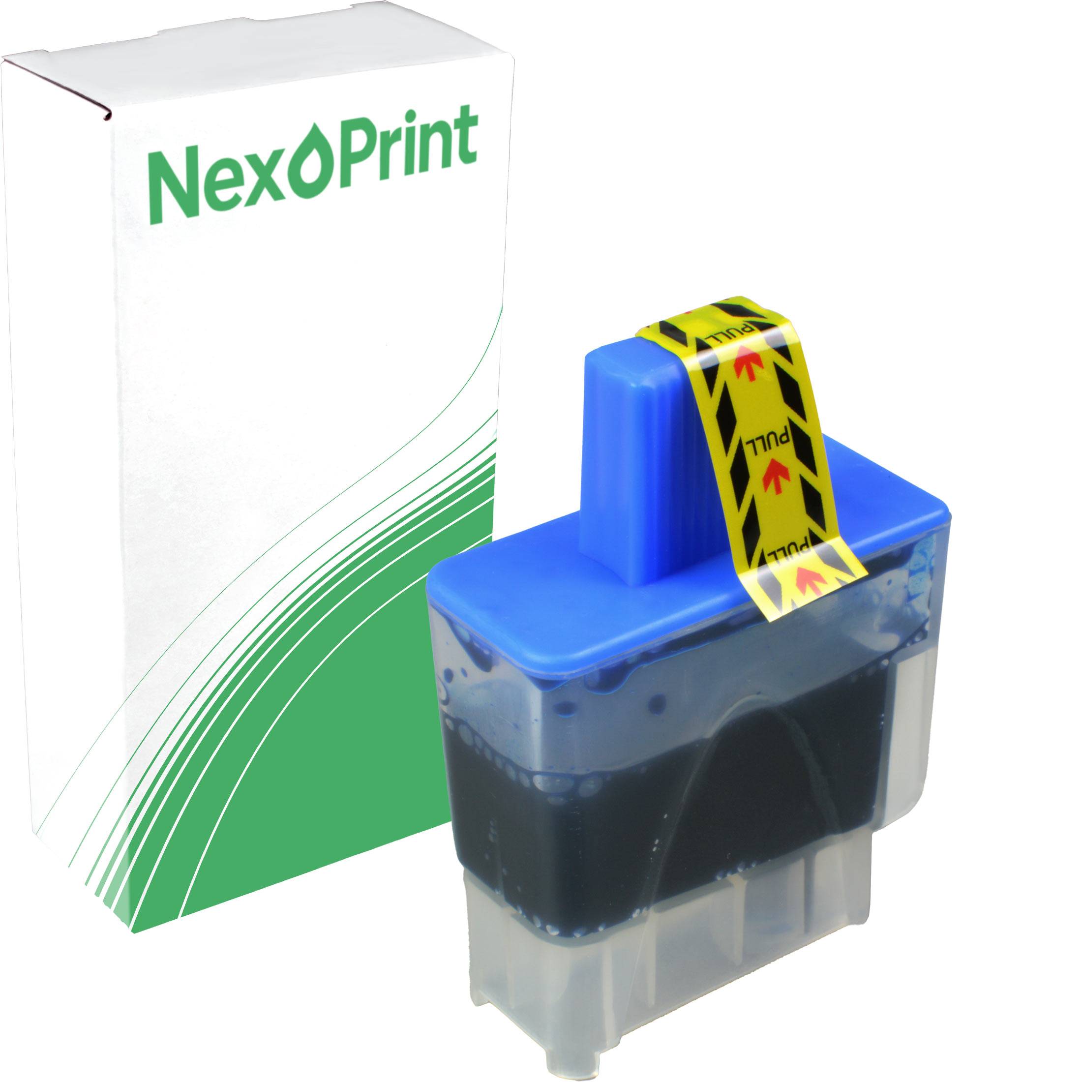 Blauer NexPrint-Tintenpatrone mit schwarzer Tinte in transparenter Hülle, dargestellt vor der weiß-grünen Verpackungsschachtel im Hintergrund.