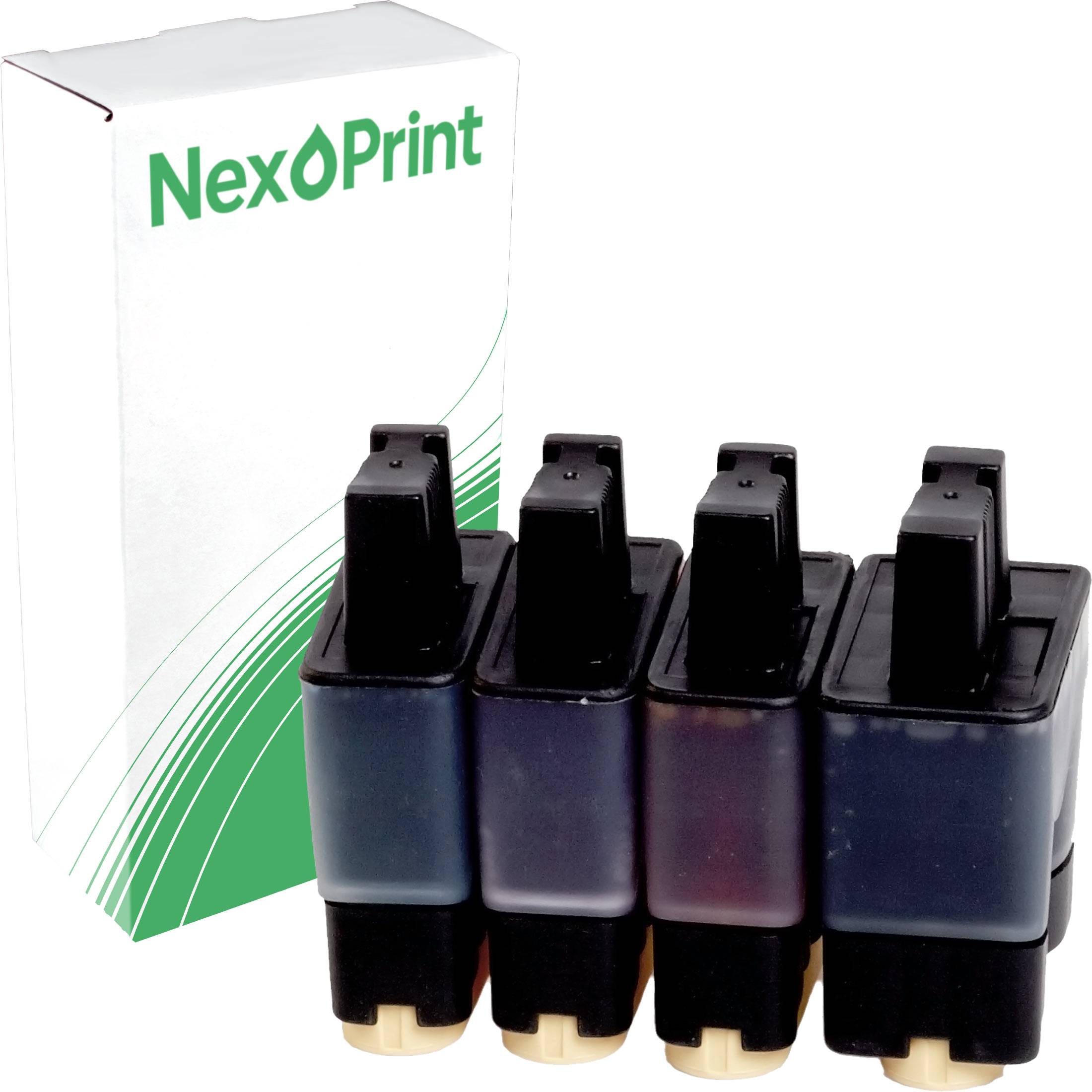 Vier schwarze Tintenpatronen, die vor einer weißen Box mit der Aufschrift 'NexPrint' und grüner Grafik ausgerichtet sind.