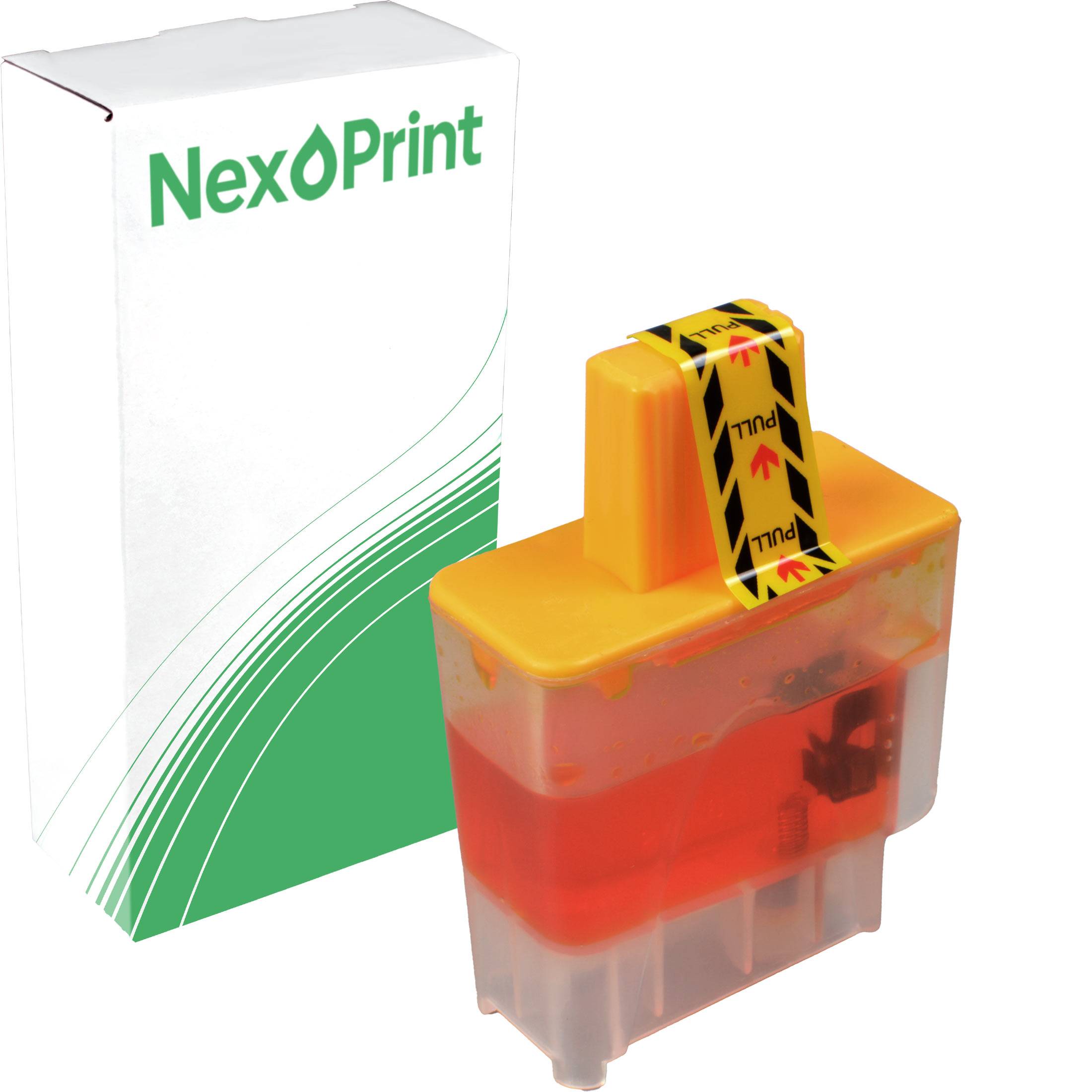 Eine Druckerpatrone mit einem orangefarbenen Deckel neben einer Schachtel mit der Aufschrift 