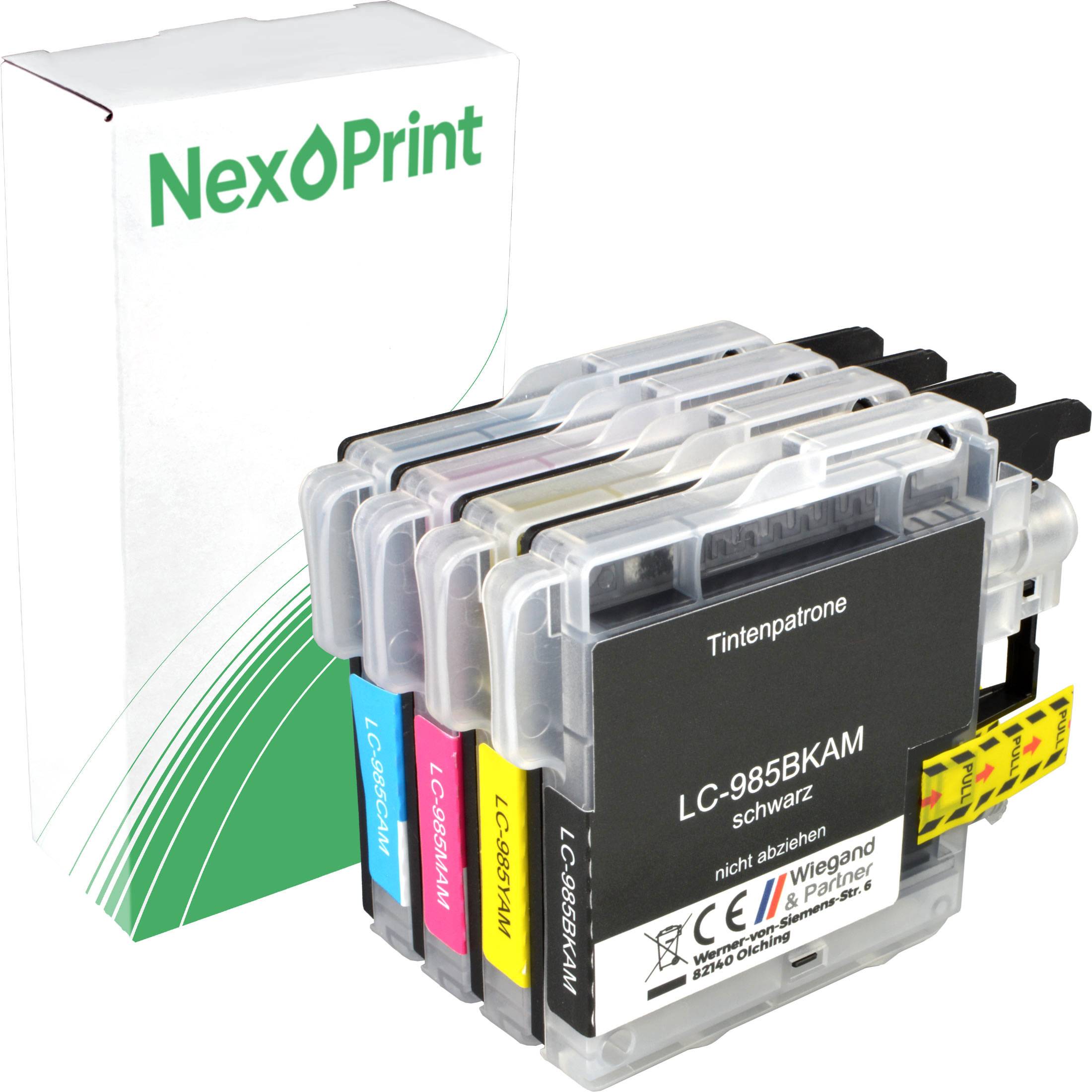 Satz von vier farbigen Tintenpatronen in Schwarz, Cyan, Magenta und Gelb vor einer weißen NexPrint-Box.