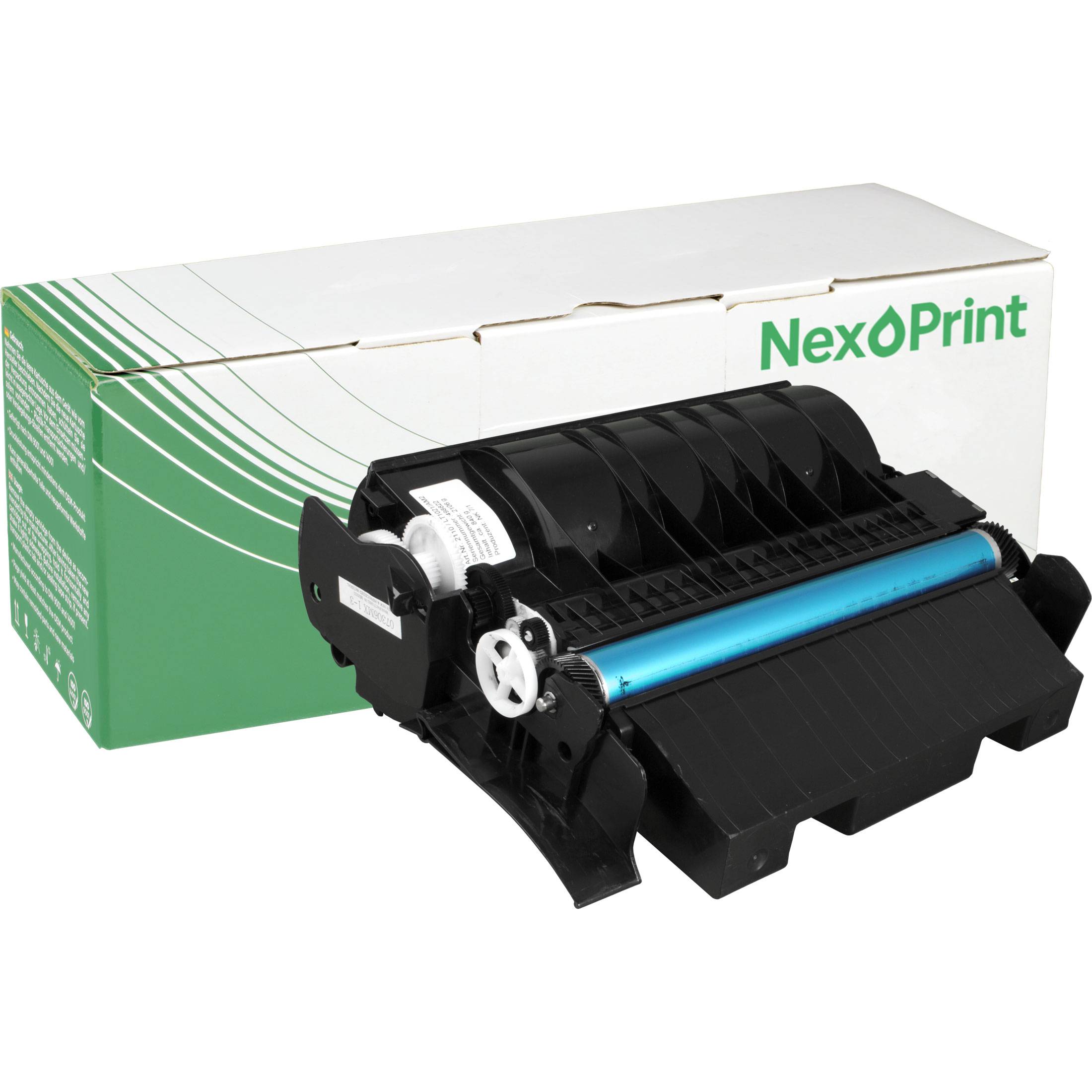 Tonerpatrone neben einer Schachtel mit NexPrint-Branding, die Druckverbrauchsmaterial für den Büro- oder Privatgebrauch zeigt.