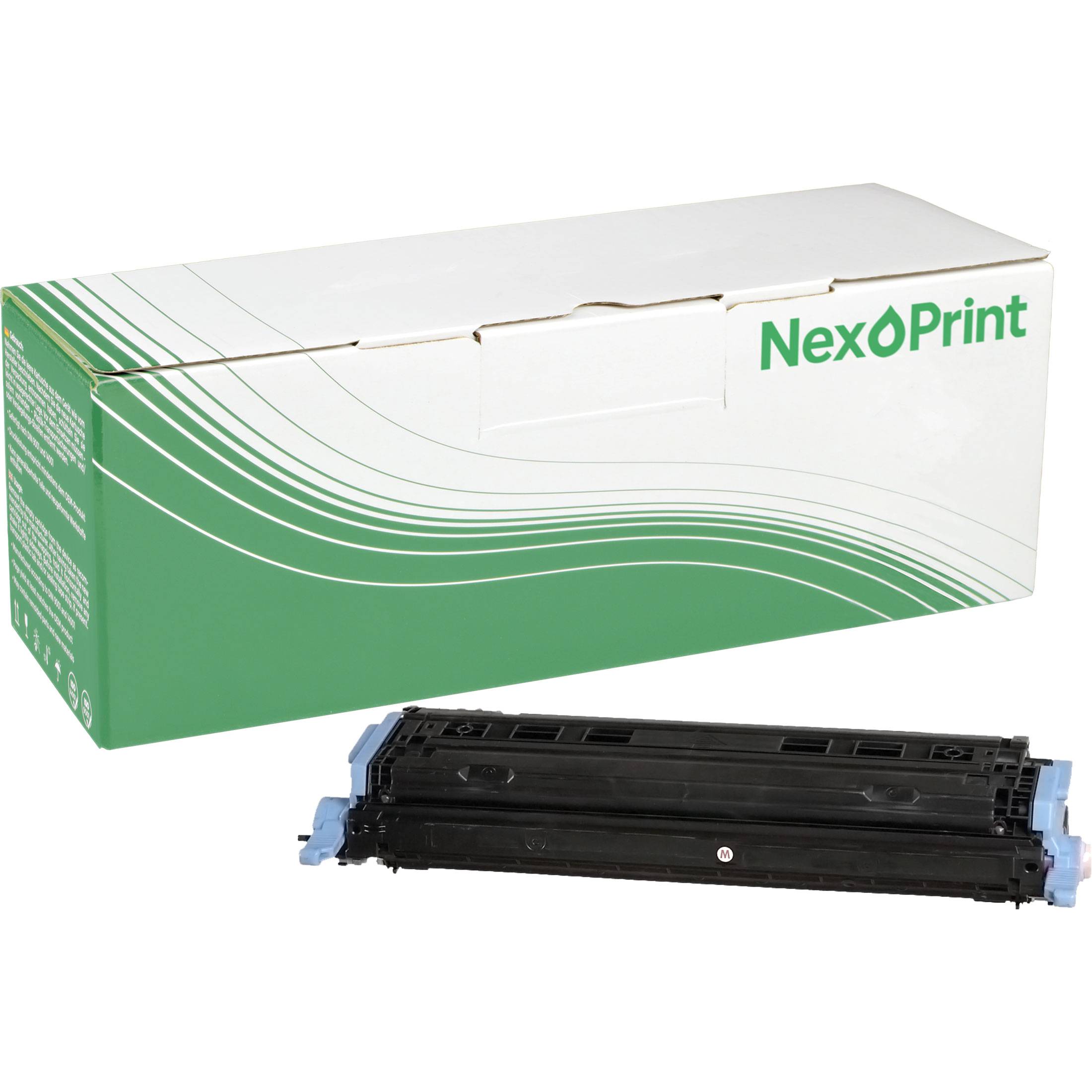 Eine schwarze Druckertonerkassette wird vor einer weiß-grünen Schachtel der Marke NexPrint präsentiert.