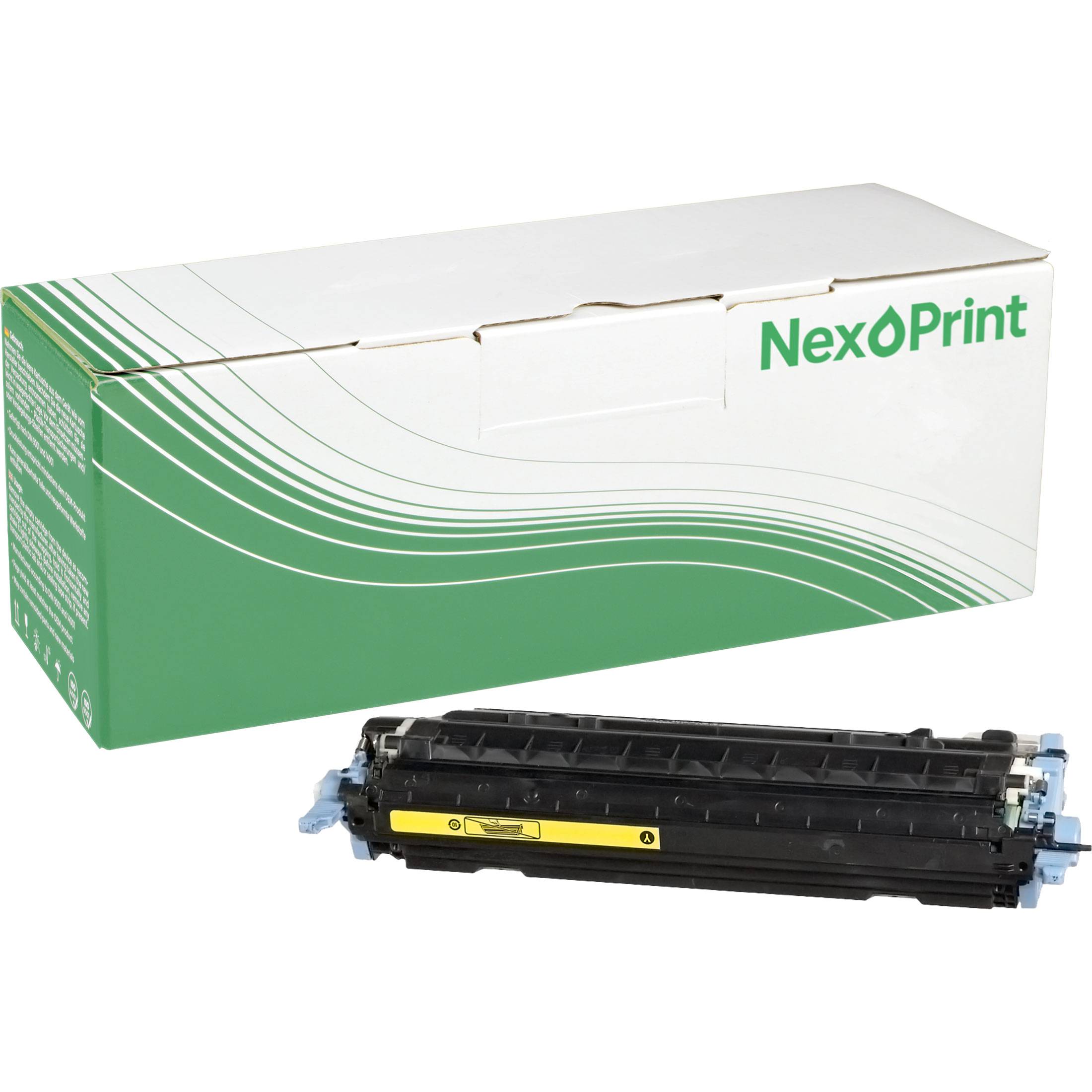 Eine NexPrint-Tonerkartusche vor einer grün-weißen NexPrint-Markenbox.