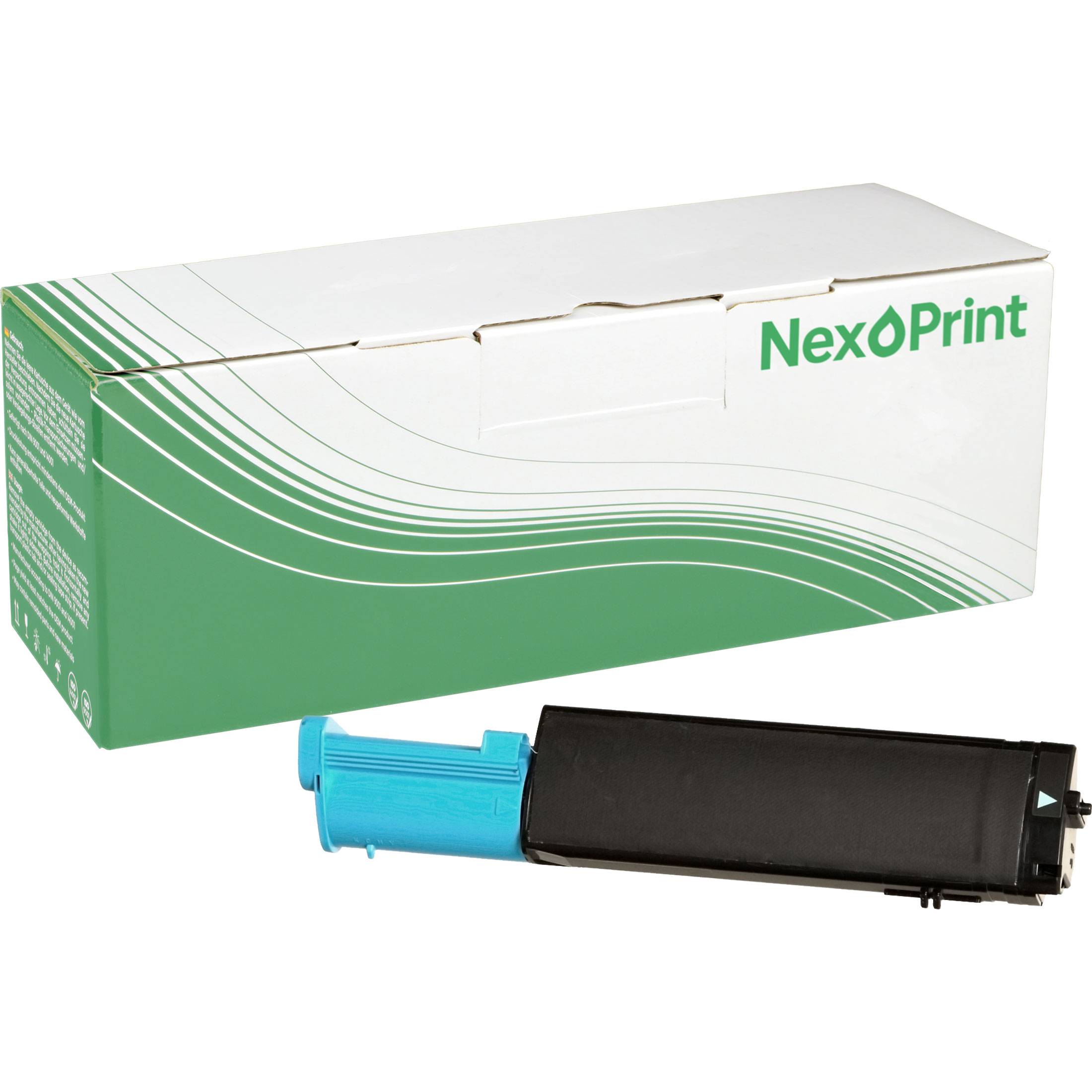Eine Druckertonerpatrone und ihre grün-weiße Verpackungsschachtel mit der Bezeichnung „NexPrint